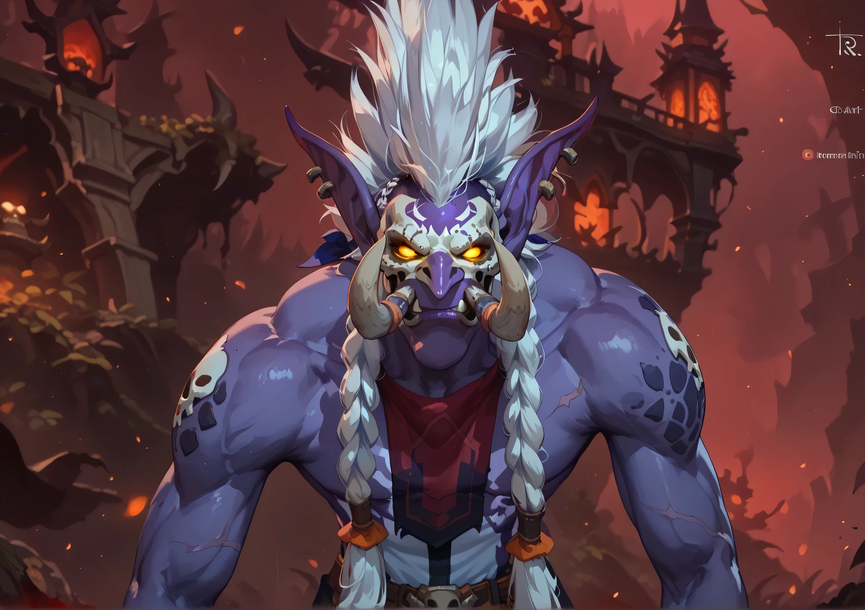 Trolls
large pointed ears, large nose, fangs
tusks, male troll, toned body,, dark purple skin, white hair, (big high mohawk hairstyle with thick braids overshoulder:1.3), skeleton tattos, ((very dark purple skin:1.1)) (dark purple skin:1.1) big tusks, raised eyebrow, fierce, powerful, menancing, grim, yellow glowing eyes, dark, evil, macabre, , voodoo shaman troll, whitch doctor, shadow hunter. highly detailed face, dynamic posing, from below, battle ready, ((in a dark swamp)) covered in blood, full of scars, scars over eye, red_tribal tattoos, ((zandalari armor)) (upstraight, tall:1.4) brutal, powerful, male troll ((huge tusks)) ((extremely muscular warrior:1.4) ((huge troll nose)) ((full body view)) ((voodoo priest)) ((skull warpaint mask)) open chest, shirtless, ((purple B4nd4n4M4sk, Bandana Mask bandana over mouth))