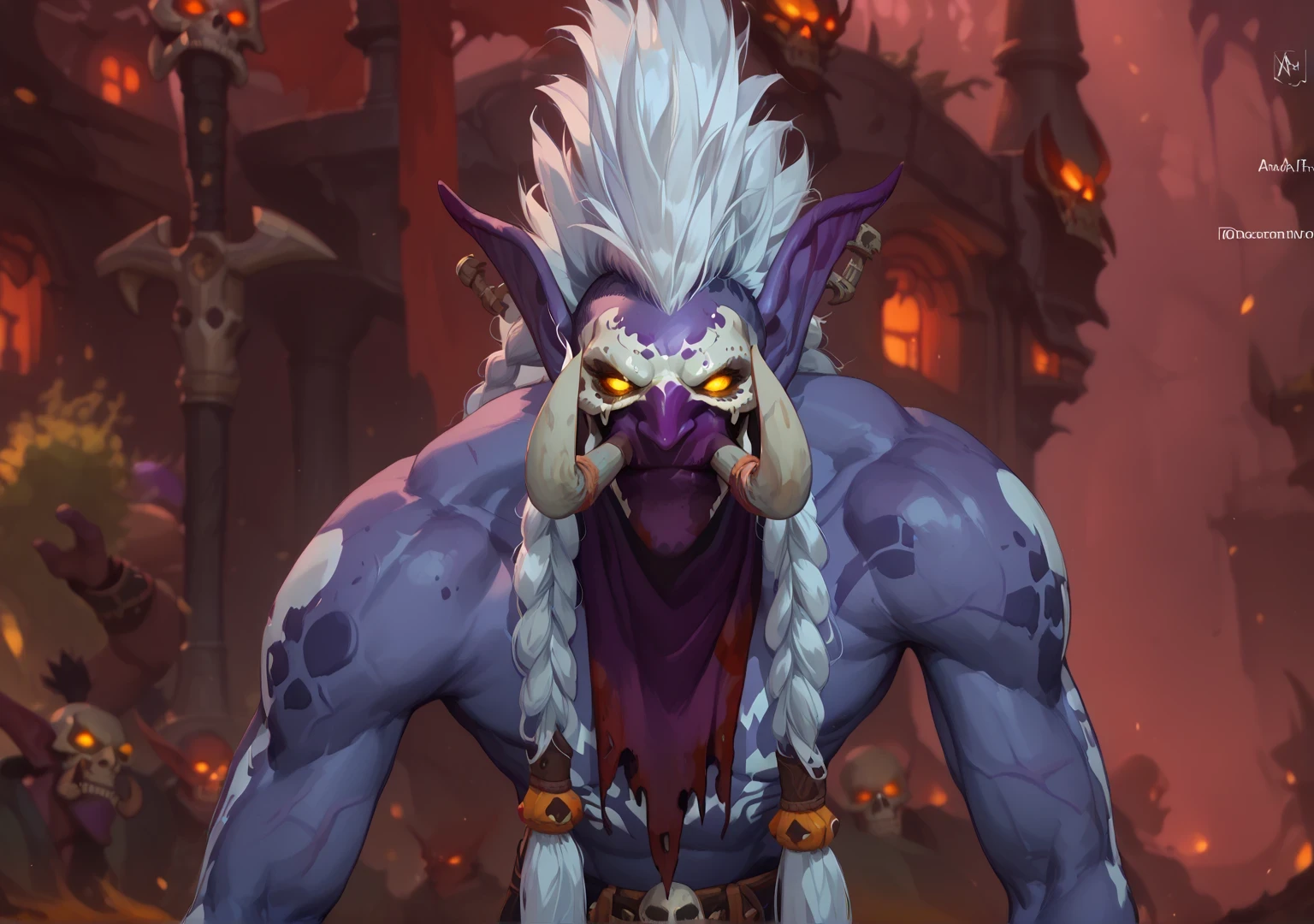 Trolls
large pointed ears, large nose, fangs
tusks, male troll, toned body,, dark purple skin, white hair, (big high mohawk hairstyle with thick braids overshoulder:1.3), skeleton tattos, ((very dark purple skin:1.1)) (dark purple skin:1.1) big tusks, raised eyebrow, fierce, powerful, menancing, grim, yellow glowing eyes, dark, evil, macabre, , voodoo shaman troll, whitch doctor, shadow hunter. highly detailed face, dynamic posing, from below, battle ready, ((in a dark swamp)) covered in blood, full of scars, scars over eye, red_tribal tattoos, ((zandalari armor)) (upstraight, tall:1.4) brutal, powerful, male troll ((huge tusks)) ((extremely muscular warrior:1.4) ((huge troll nose)) ((full body view)) ((voodoo priest)) ((skull warpaint mask)) open chest, shirtless, ((purple B4nd4n4M4sk, Bandana Mask bandana over mouth and nose))
