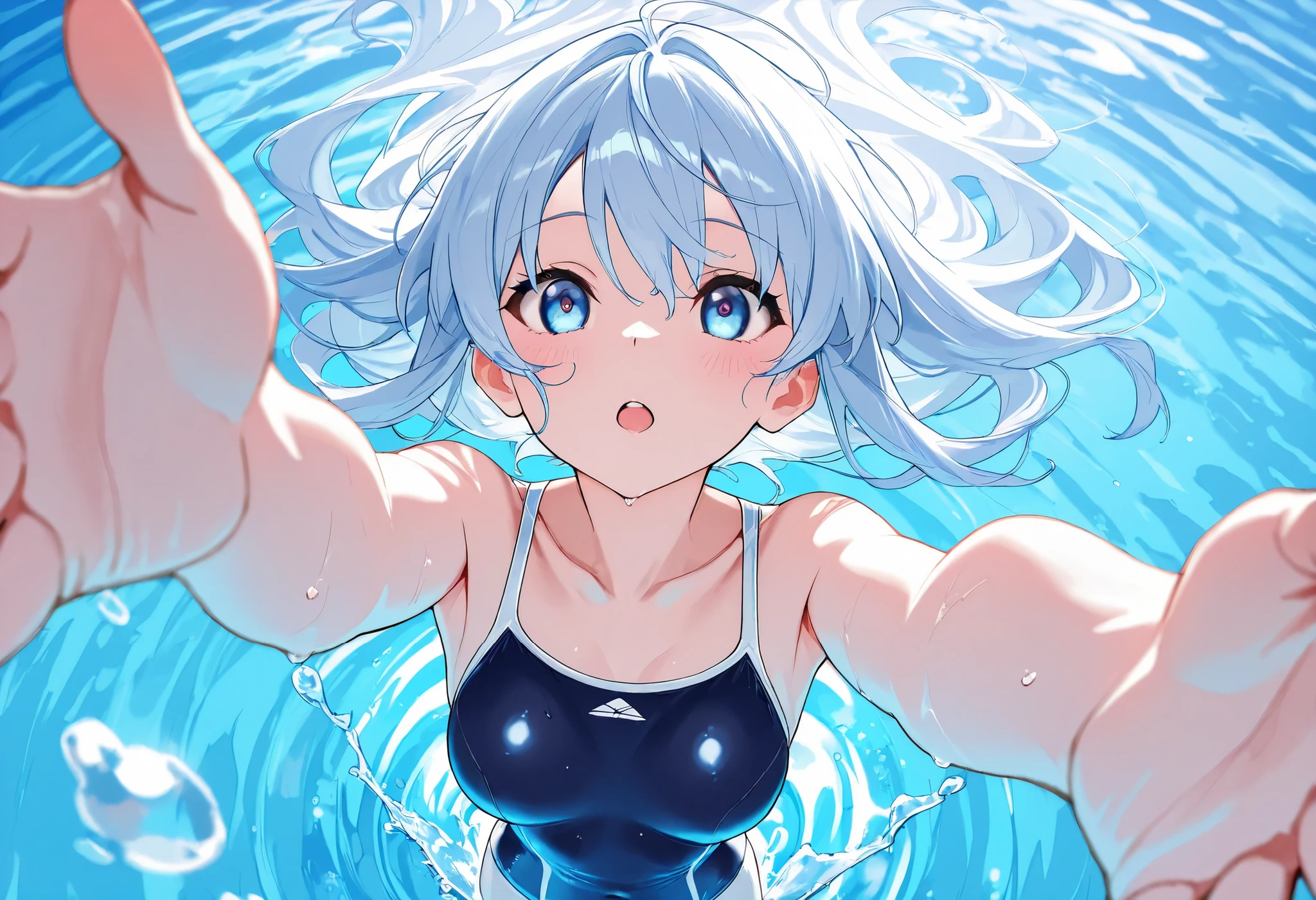 masterpiece,TOP QUALITY, great quality, very aesthetic, high resolution, latest, hyper-detailed, Animated Artwork , one woman,one-piece swimsuit,beautiful eyes,detailed faces, detailed female hands ,In the waterの中で泳いでいる女性,Front ,detailed body, sexy,dynamic,In the water,In the waterに飛び込んで泳ぐ,dynamic,In the waterの空気泡,女性はIn the waterカメラめがけて泳ぐ