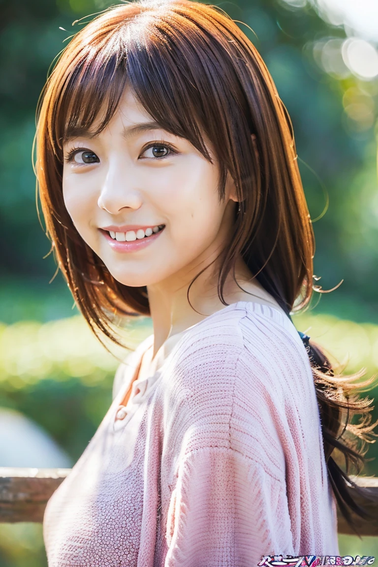shiraishi, The image is a close-up portrait of a young Asian woman. She has shoulder-length brown hair with bangs and is wearing a pink top. She is looking directly at the camera with a slight smile on her lips. The background is blurred, but it appears to be an outdoor setting with trees and greenery visible. The lighting is soft and natural, highlighting the woman's features.