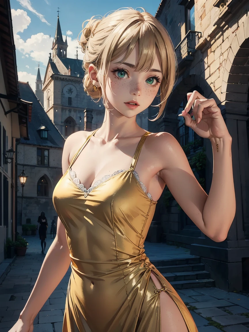 24 year old Caucasian female、Blue delicate eyes,Sexy proportions、Provocative facial expression、Cleavage Emphasis、Disney、Cinderella 1 person、cinderella castle background、Fireworks are going up