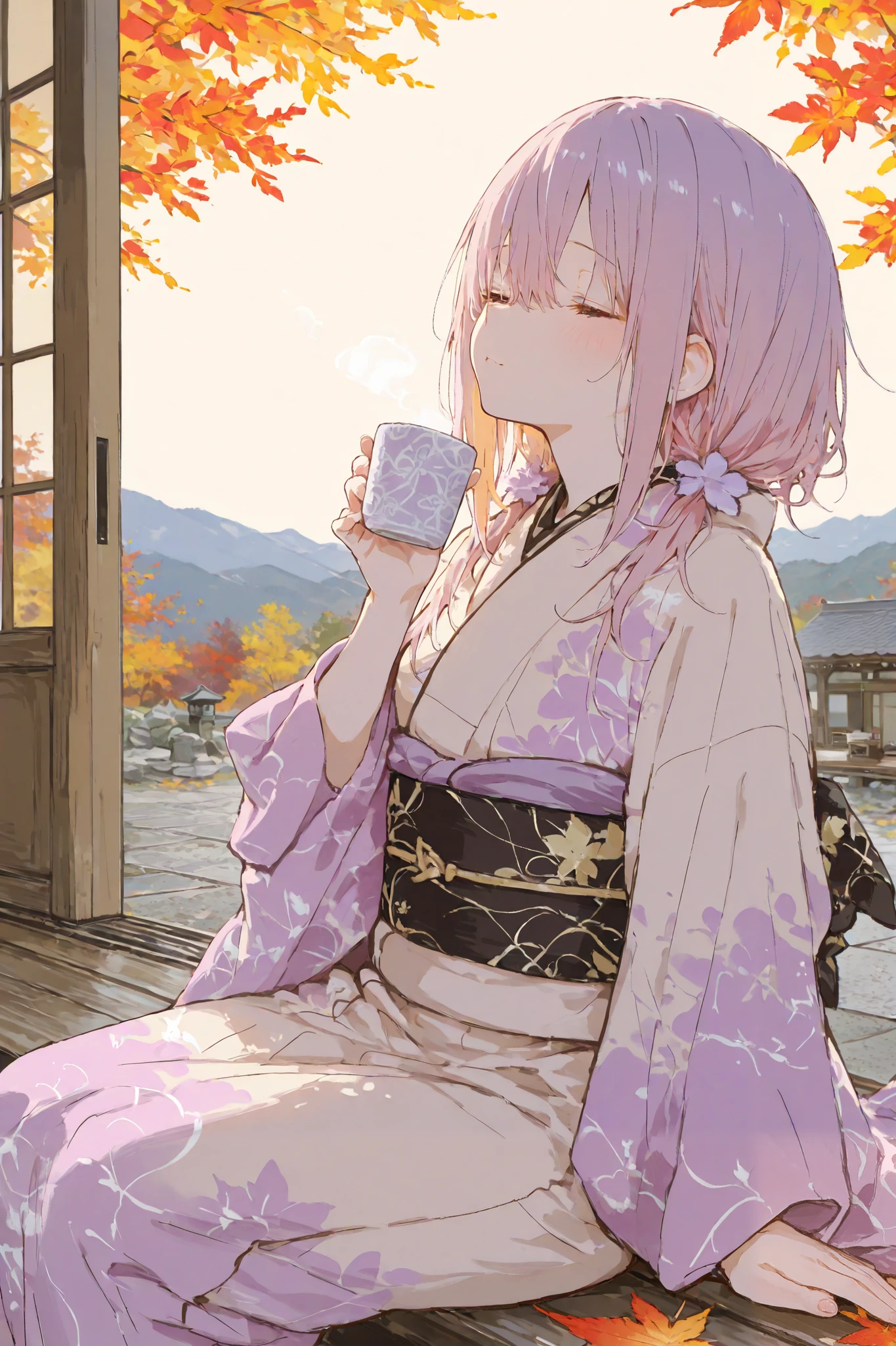illustration, best quality, dramatic lighting, 00118_illu,r17329_illu,Cute,masterpiece, best quality, ultra-detailed, Low Fidelity (lofi) art style, pastel pink and purple tones with subtle orange for the autumn leaves. A young girl sits on the wooden veranda of a traditional Japanese tea house, her gaze fixed on the peaceful garden in front of her. She’s wearing a pastel-colored kimono, her hair loosely tied back, as she enjoys a cup of tea. The garden is beautifully decorated with autumn foliage, with maple trees and delicate moss-covered stones. The soft orange of the maple leaves contrasts gently with the muted tones of the stones and the wooden structure of the tea house. The evening sky glows in shades of pink and purple as the sun begins to set, casting a warm, golden light over the scene. The girl’s calm expression and the gentle sway of the leaves in the breeze create a serene and tranquil atmosphere, perfect for a quiet autumn evening.