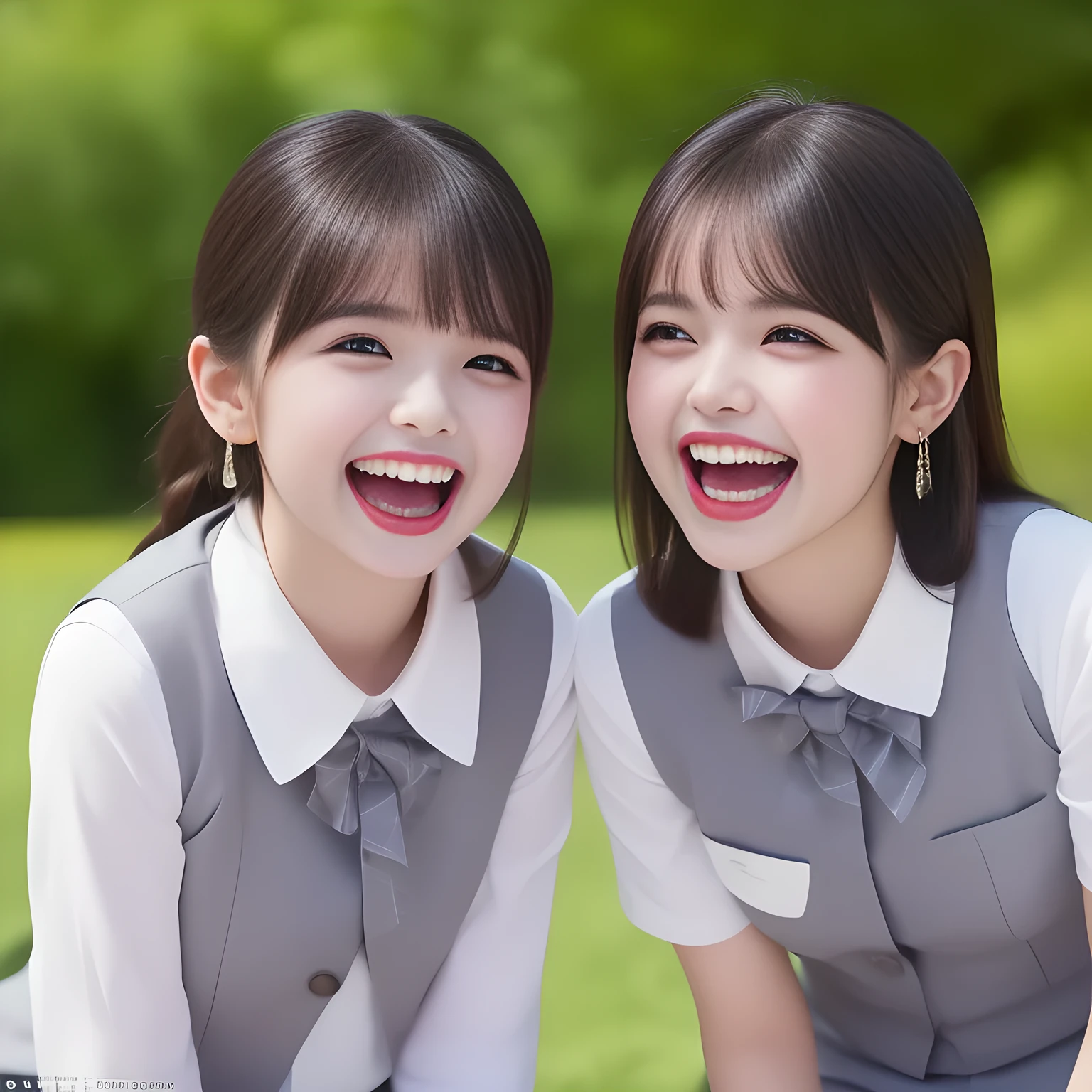 (highest quality, masterpiece, high resolution:1.2), 4K, (Photo quality clearly detailed foreground: 1.5), geometry, (Tree neat & clean girls are bursting into laughter. (Small well-groomed face with feminine intelligence). Some of Cute noble girly Japanese photo model are seated and looking at the thing in front of them with their cute beautiful eyes like laughing fashion model: 1.3), (Using expensive face-whitening cosmetics to make her skin more beautiful and pure by professional makeup artist: 1.5), (Face and eyes are especially detailed beautifully: 1.5), Laughing cutely, ((Light-Gray) Japanese school girly vest uniform with neat girly light-yellow school blouse, puffed shoulders: 1.2), (white socks and school loafers, kicking back: 0.7), (Dark blue glossy glossy school ribbon on the breast: 1.0), (Beautiful light-amber large clear open eyes with balanced and detailed cutely: 1.4), (double eyelids: 1.0), (highly curled bangs: 1.2), (Expressing the greatest joy with her whole body: 1.2), (Glossy lips: 1.0), (beautiful bobbed shining hair: 1.7), (cute earrings), (white and clear skin: 1.0), (Laughing cute princess's eyes looking at me: 0.8), (Very shy, cute, slender, pretty, pretty, too girly & Girlish: National Beautiful Girl Grand Prix winners: 2.0), (The girls knows well about the viewer's super fetishism for high-school uniforms, and satisfies it completely: 1.5), (High class cosmetics promotion to make everyone noble face, blessed by Venus and Aphrodite in a dark shrine under the school, falling down to the world of Aphrodite: 1.6), (they are laughing with widely open mouth as if watching a very cute and funny thing happening just in front of their beautiful eyes: 2), (hanging hands: 1.5)