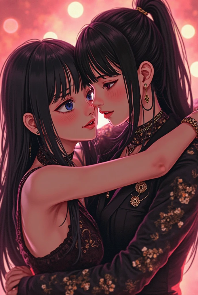 adesivo, fundo simples, portrait, 2 girls, couple, kissing, girl with long hair, beautiful gothic girl, gothic aesthetic, beautiful girl, very beautiful fantasy art, beautiful and elegant female gothic, beautiful detailed fantasy, black and pink color palate, pink color-theme