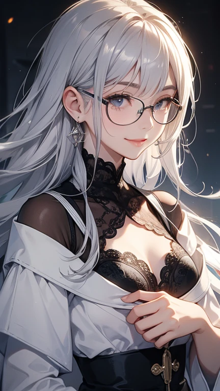 (((Very detailed, 8K quality))),, Clear Eyes, 1 female, whole body、blue eye background,Looks comfortable、No decoration、No decoration included、no neckless,Big and ample breasts, Long Hair, Purple eyes, Wearing a white coat、Researcher、Glasses、(Realistic eyes, Natural skin texture, Realistic facial details), Written boundary depth, Bokeh, Crisp details, Beautiful Eyes,Looking down on,Looking down on,Highly revealing clothing