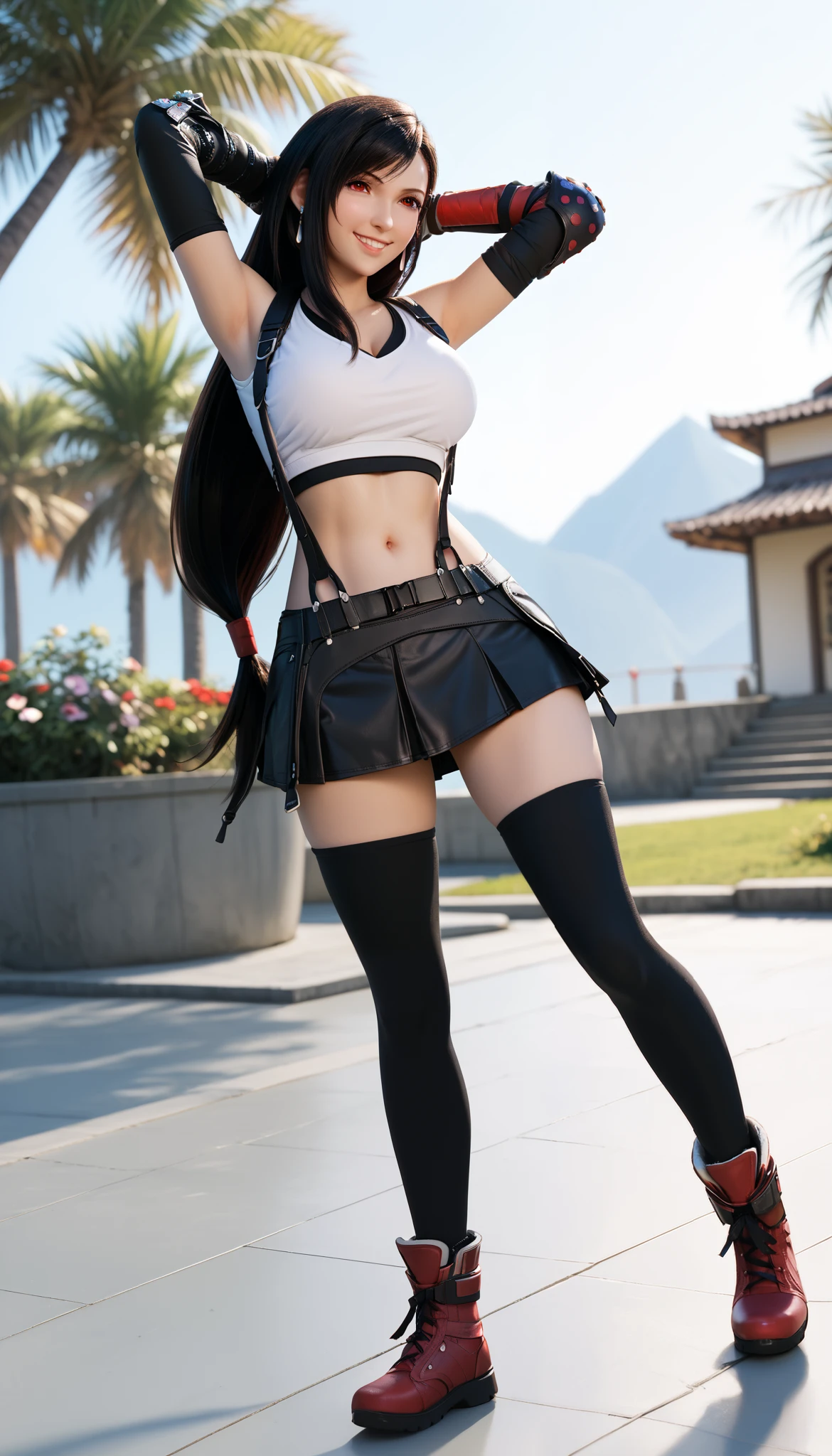 tifa_lockhart, black Hair, long Hair, (red eyes), rating explicit, (best quality:1.2), (masterpiece:1.2), top-quality, delicate features, delicate skin, RAW photo, (photorealistic:1.4), high resolution, high-level image quality, 8k, Real live-action, realistic, film grain, realism, sharp focus, beautiful lighting, (((1girl))), perfect face, perfect eyes, (symmetrical clear eyes:1.3), detailed hair, outfit perfect, beautiful breasts, perfect body, perfect anatomy, perfect chest, perfect hips, perfect legs and feet, perfect hands, perfect fingers, (beautiful breast), ((gigantic breasts:1.1)), (Colossal tits:1.3), (small nipple:1.1), beautiful thigh, beautiful legs, curvy body, Attractive body, Voluptuous body, Attractive legs, ultra detailed eyes, Erotic, Pupils, sexy pose, dynamic pose, dynamic background, (shiny skin:1.2), ultra detailed clothing, pretty, cute, ((oily skin:1.3)), (Super oily and shiny skin with fine texture:1.1), beautiful oil-covered thighs, blush, (light smile:1.4), orgasm, afterglow, open mouth, (small labia majora:1.2), (small beautiful areola:1.3), (beautiful nipples:1.2), ((Puffing out chest:1.1)), (cleavage in the chest:1.2), (perfect proportions), (sweat-soaked body), ((crop top, earrings, black elbow gloves, elbow pads, gloves)), ((suspender black pleated miniskirt)), ((white taut shirt, thigh, white tank top, navel, collarbone, midriff)), ((black thighhighs, red boots)), ((white highleg panties)), shiny body, BREAK, outdoors beech, ocean, (Soak in ocean up to your waist:1.2), wading, sensual look, 1 cute girl, (close to viewer), (cowboy shot), intricate, hyper-detailed, 100-layer, amazing quality, excellent, delicate colors, bright colors, beautiful, (standing on), model standing, Beautiful posture, arms behind back, ((facing the front, straight-on:1.5)), ((panty shot, upskirt)), cameltoe, ((from below:1.4)), thigh focus, (Glow:1.1), blowing in the wind, flutter, pov, looking at viewer,