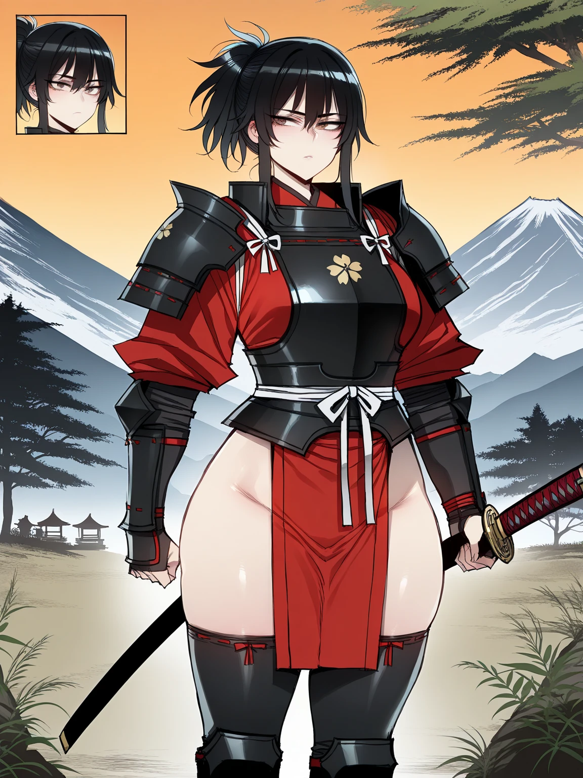 masterpiece, extra limbs, 1lady, young girl , black ponytail extremely long hair, black pubic hair, medium breasts large areolas plump beautiful breasts,glamorous,(((abs))), (((chuckle))), 
slant deep red eyes, katana, standing,(clothed samurai,sarashi, fundoshi:1.2),((sweat)),