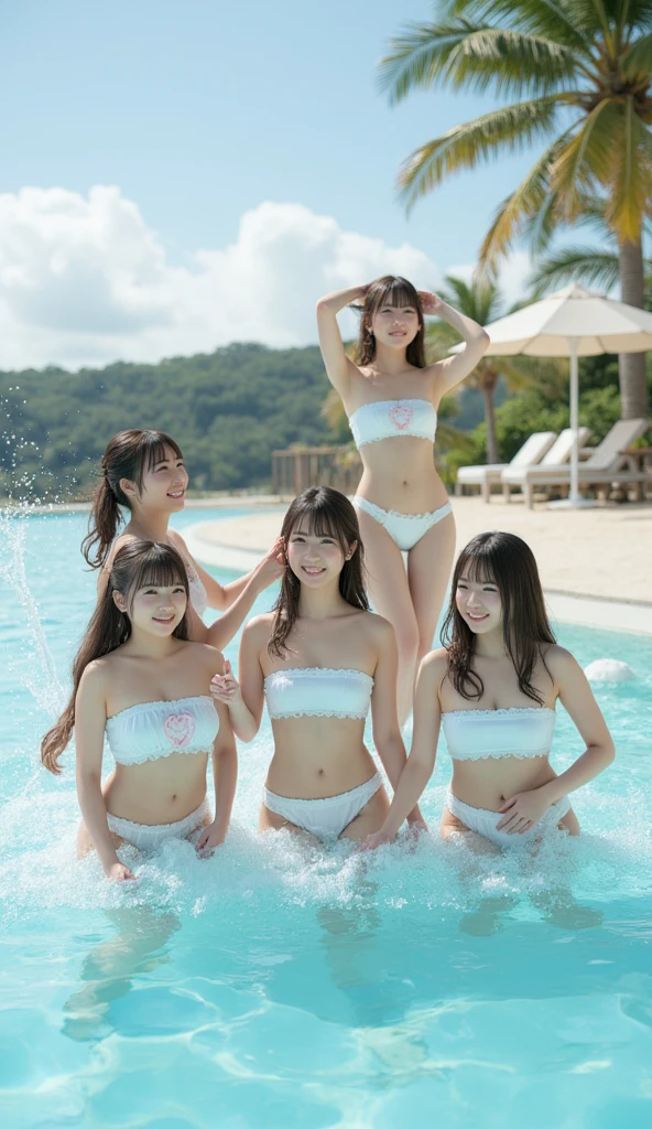 black hair, solid circle eyes, ccurate, best quality、Three beautiful girls、cute、smile、(((Short)))、(((Very small breasts)))、Baby Face、(((White tiny micro bikini))), tareme, grin, ponytail, Surrealism, drop shadow, anaglyph, stereogram, tachi-e, pov, atmospheric perspective, Canon, 8k, super detail