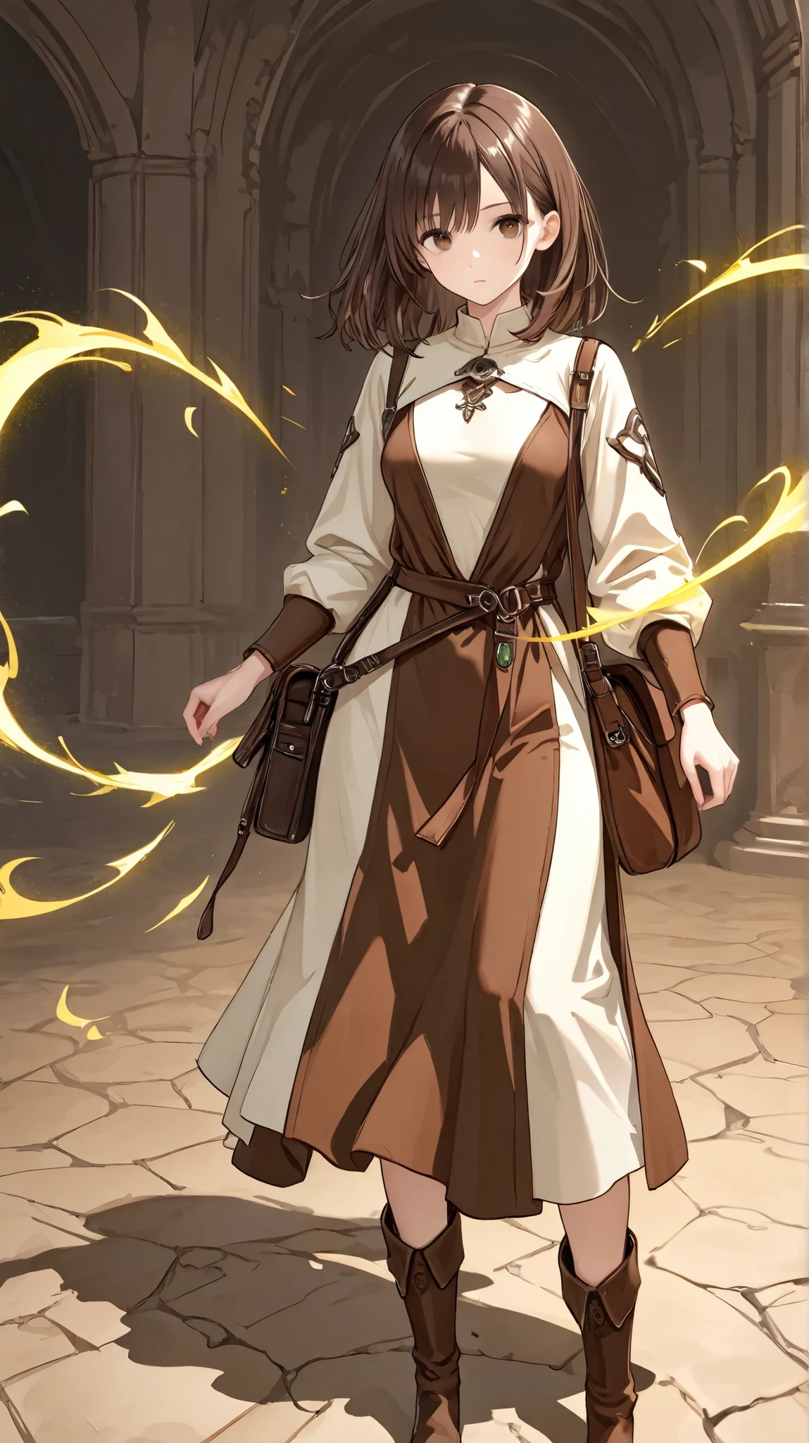 1girl, 28 yo, slender, brown hair, medium hair, wearing practical dress: (color, brown, earthy tone), brown boots, brown sling bag, standing, whole body, magic orbs, healer, dynamic background, ultradetail, absurdres, yellow aura, looking at viewer,