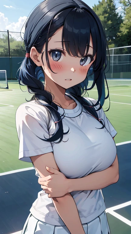 Tabletop, Highest quality, 8K_wallpaper, (Beautiful Eyes), ((cute)), cute, (Lovely), (晴れた日のTennis court),One Girl,Small Tits,1 female student,Stand next to the car,smile,Face close-up、Portrait(((Tennis court)))(((Tennis Wear)))(((Sit on a bench and relax)))