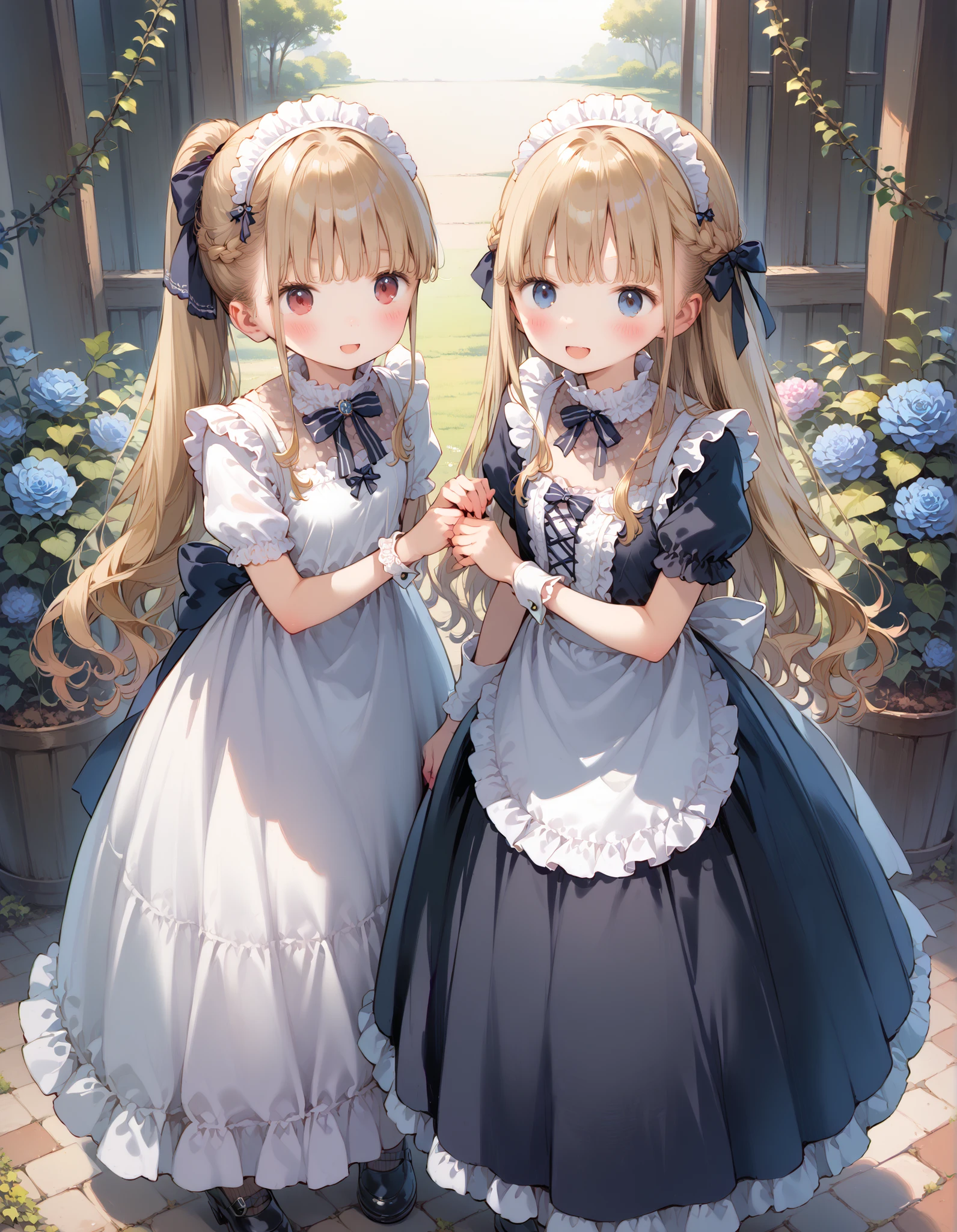 2 girls, Young sisters、 small、 young、 Portrait Photography, Sparkling Hair、 from my mouth、 ponytail、 Medium Long Hair 、 red eyes、blue eyes、Lower your eyes, beguiling 、white breath、 rough breath、after change、 Exposing Maid Outfit , open、Open shoulders、 miniskirt、 Dark Gothic Maid Skirt , bow、 pinch up the skirt 、courtesy、standing with legs crossed、 red knee 、 Black high socks adult video style、 Ribbon on shoes、 Courtyard Hideout , blue rose garden 、 volumetric lighting, top quality, artwork, , Tone Mapping , Sharp Concentration, smile、Peaceful 、 hyperdetail, ArtStation trend , fairy tale garden,