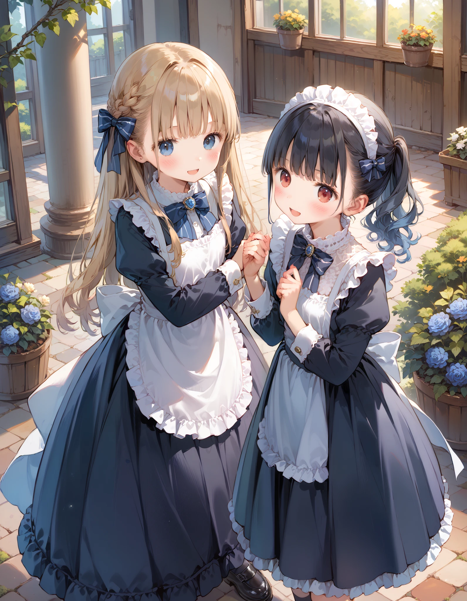   2 girls, Young sisters、 small、  young、 Portrait Photography, Sparkling Hair、 from my mouth、 ponytail、 Medium Long Hair 、 red eyes、blue eyes、Lower your eyes, beguiling 、white breath、 rough breath、after change、   Exposing Maid Outfit , open、Open shoulders、 miniskirt、 Dark Gothic Maid Skirt ,  bow、  pinch up the skirt  、courtesy、standing with legs crossed、 red knee  、  Black high socks adult video style、 Ribbon on shoes、  Courtyard Hideout  ,  blue rose garden 、   volumetric lighting,  top quality,   artwork, ,  Tone Mapping ,   Sharp Concentration, smile、Peaceful 、 hyperdetail,   ArtStation trend  ,  fairy tale garden, 
