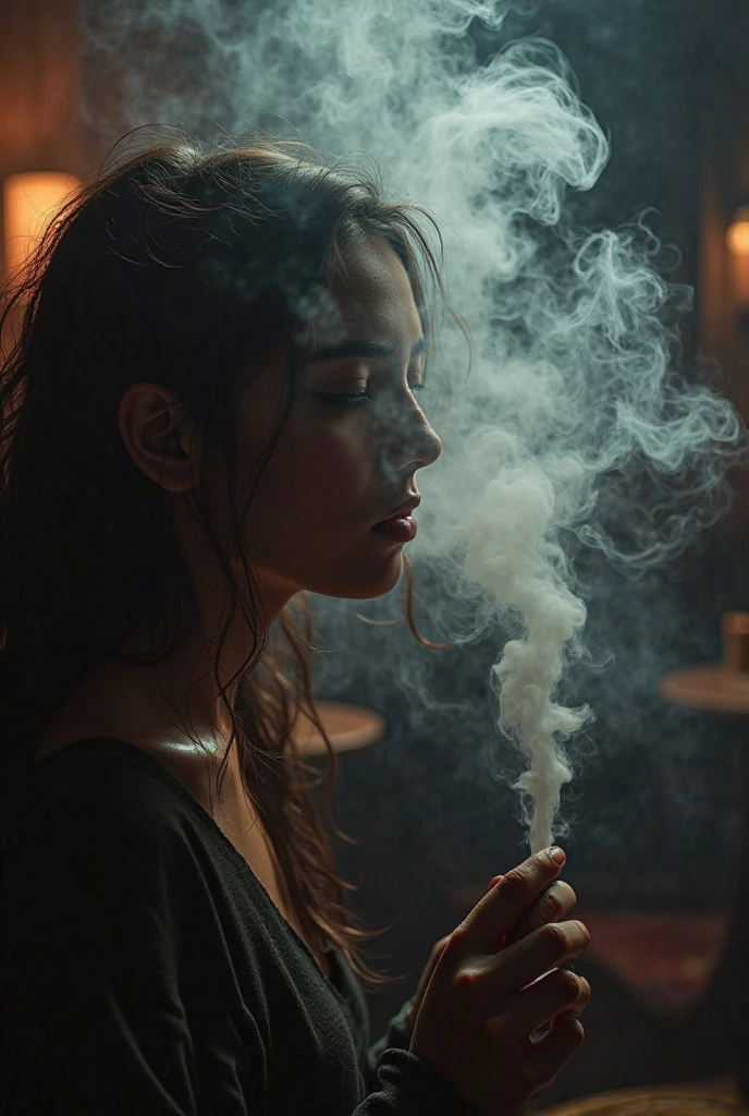 A woman sits cross-legged and smokes a cigarette.