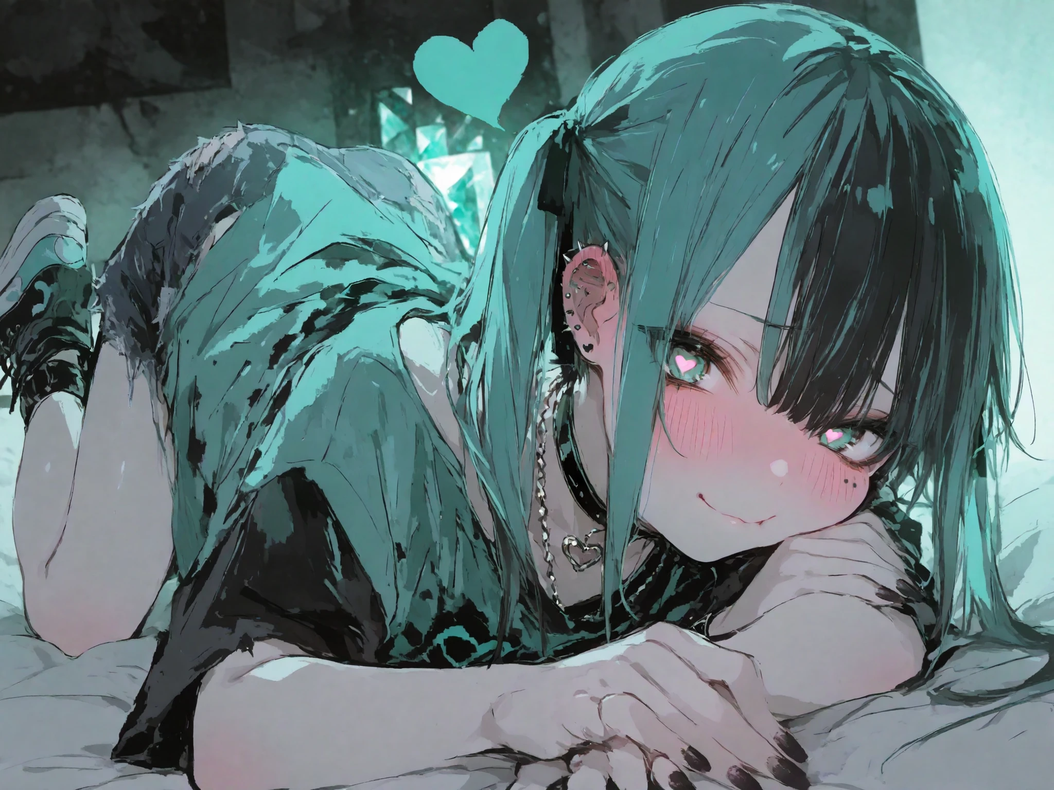 General,illustration, best quality, dramatic lighting, 00118_illu,r17329_illu,Cute,teal twin-tails, mischievous expression, choker necklace, heart-shaped pupils, full body,piercings, grunge style, black nails, blushing cheeks, ripped t-shirt with heart print, playful and edgy, detailed shading, punk aesthetic,crystal soft lighting, vibrant colors, intense gaze,