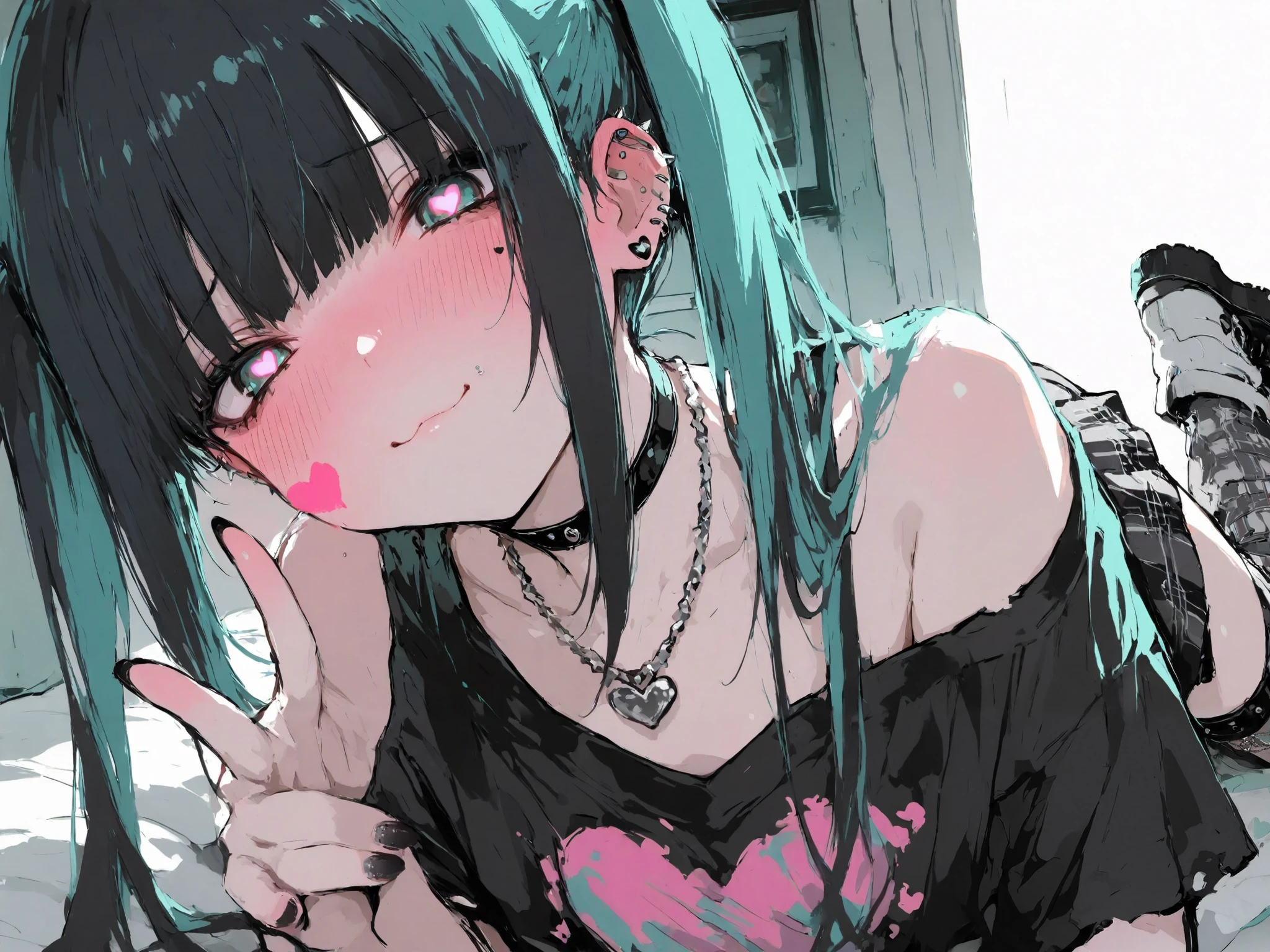 illustration, best quality, dramatic lighting, 00118_illu,r17329_illu,Cute,aiu,teal twin-tails, mischievous expression, choker necklace, heart-shaped pupils, full body,piercings, grunge style, black nails, blushing cheeks, ripped t-shirt with heart print, playful and edgy, detailed shading, punk aesthetic, soft lighting, vibrant colors, intense gaze,