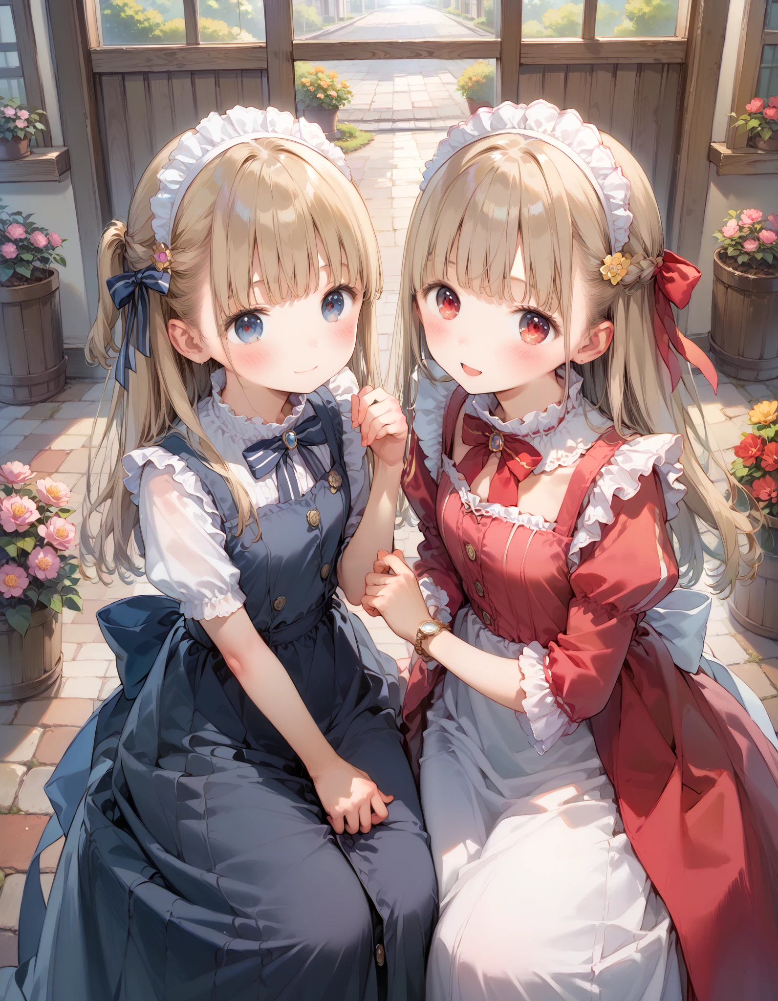 2 girls, Young sisters、 small、 young、 Portrait Photography, Sparkling Hair、 from my mouth、 ponytail、 Medium Long Hair 、 red eyes、blue eyes、(Detailed eye depiction:1.6)、Highlight Eyes 、Lower your eyes, beguiling 、white breath、 rough breath、after change、 Exposing Maid Outfit , open、Open shoulders、 miniskirt、 Fairytale Pop Maid Skirt, watch viewers、 pinch up the skirt 、courtesy、standing with legs crossed、 red knee 、 pink high socks、 Ribbon on shoes、 Courtyard Hideout , Flower Garden 、 volumetric lighting, top quality, artwork, , Tone Mapping , Sharp Concentration, smile、Peaceful 、 hyperdetail, ArtStation trend , fairy tale garden,