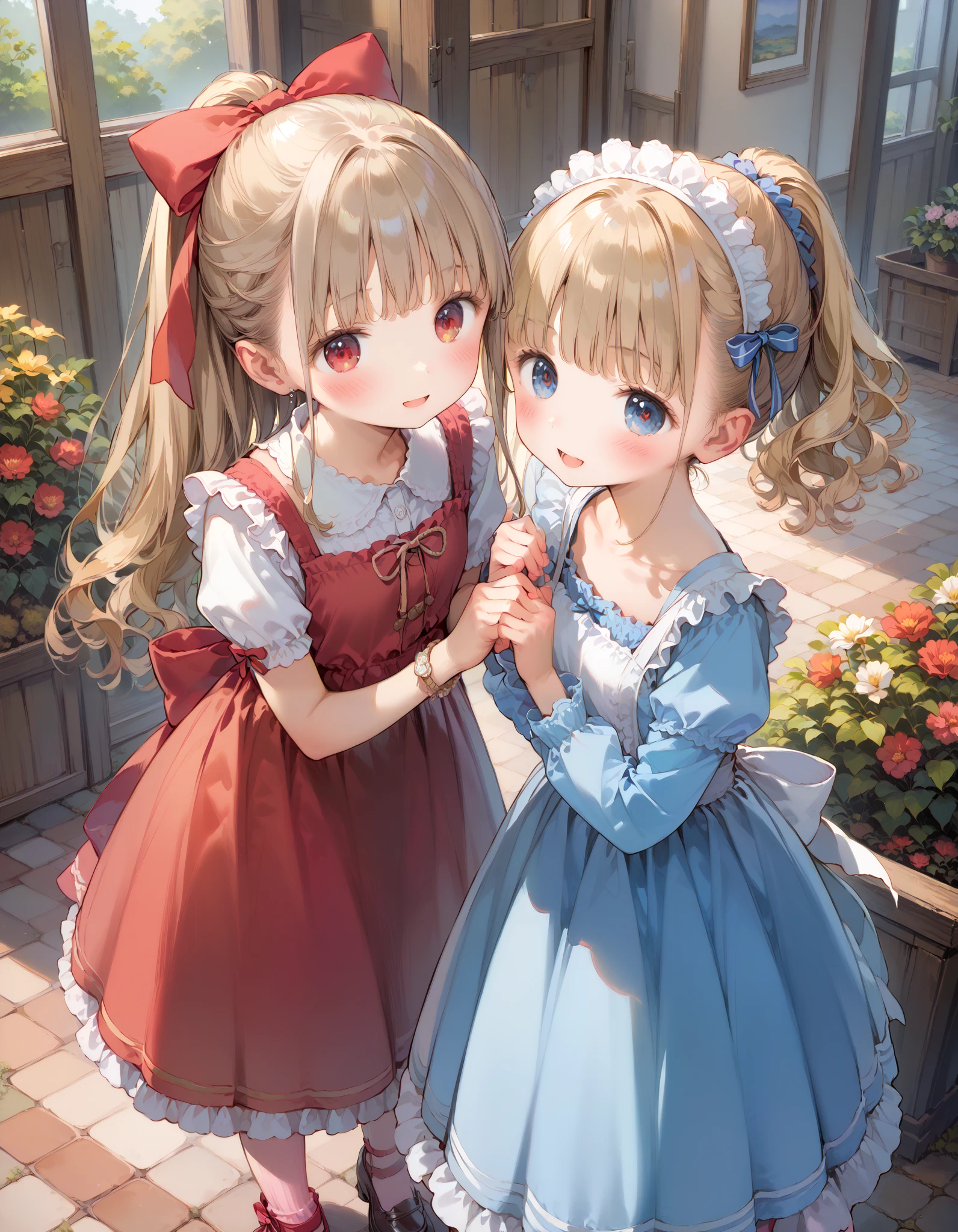 2 girls, Young sisters、 small、 young、 Portrait Photography, Sparkling Hair、 from my mouth、 ponytail、 Medium Long Hair 、 red eyes、blue eyes、(Detailed eye depiction:1.6)、Highlight Eyes 、Lower your eyes, beguiling 、white breath、 rough breath、after change、 Exposing Maid Outfit , open、Open shoulders、 miniskirt、 Fairytale Pop Maid Skirt, watch viewers、 pinch up the skirt 、courtesy、standing with legs crossed、 red knee 、 pink high socks、 Ribbon on shoes、 Courtyard Hideout , Flower Garden 、 volumetric lighting, top quality, artwork, , Tone Mapping , Sharp Concentration, smile、Peaceful 、 hyperdetail, ArtStation trend , fairy tale garden,