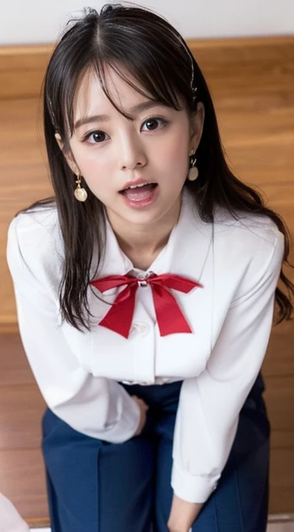 She wears the cutest high school uniform in the world、25-years old、Sculpture model attracts, (1girl in:1.Hotos、Photorealsitic:1.4、Official art、ultra-detailliert、Beautiful and aesthetic、Beautiful fece、masterpiece、top-quality、Poses that sexually provoke men、Inviting eyes、an ecstatic look on one's face、the buttocks are small、Colossal tits、Chest exposed、(barechested)、The cutest blazer in the world、the cutest blouse in the world、The cutest red ribbon in the world、The most beautiful face、The cutest earrings in the world、The cutest checked miniskirt in the world、The cutest navy knee socks in the world、The cutest black loafers in the world、The cutest sleeping face in the world、The cutest gravure idol pose in the world、The most attractive body in the world、The whole body is shown、school classrooms、opening legs widely、Touching the thigh、Showing off the cutest pants in the world、((doggy style、Raise your buttocks high、insertion、Deep joy、severe pain、Ecstatic eyes:1.2),(view from the above:1.5), despairing, I'm about to cry, exclamation、((panting heavily:1.2))、Ecstatic face、Climax expression、Look up、Staring at the ceiling、((Open your eyes, endure hard:1.5)), (looking at viewer:1.1)