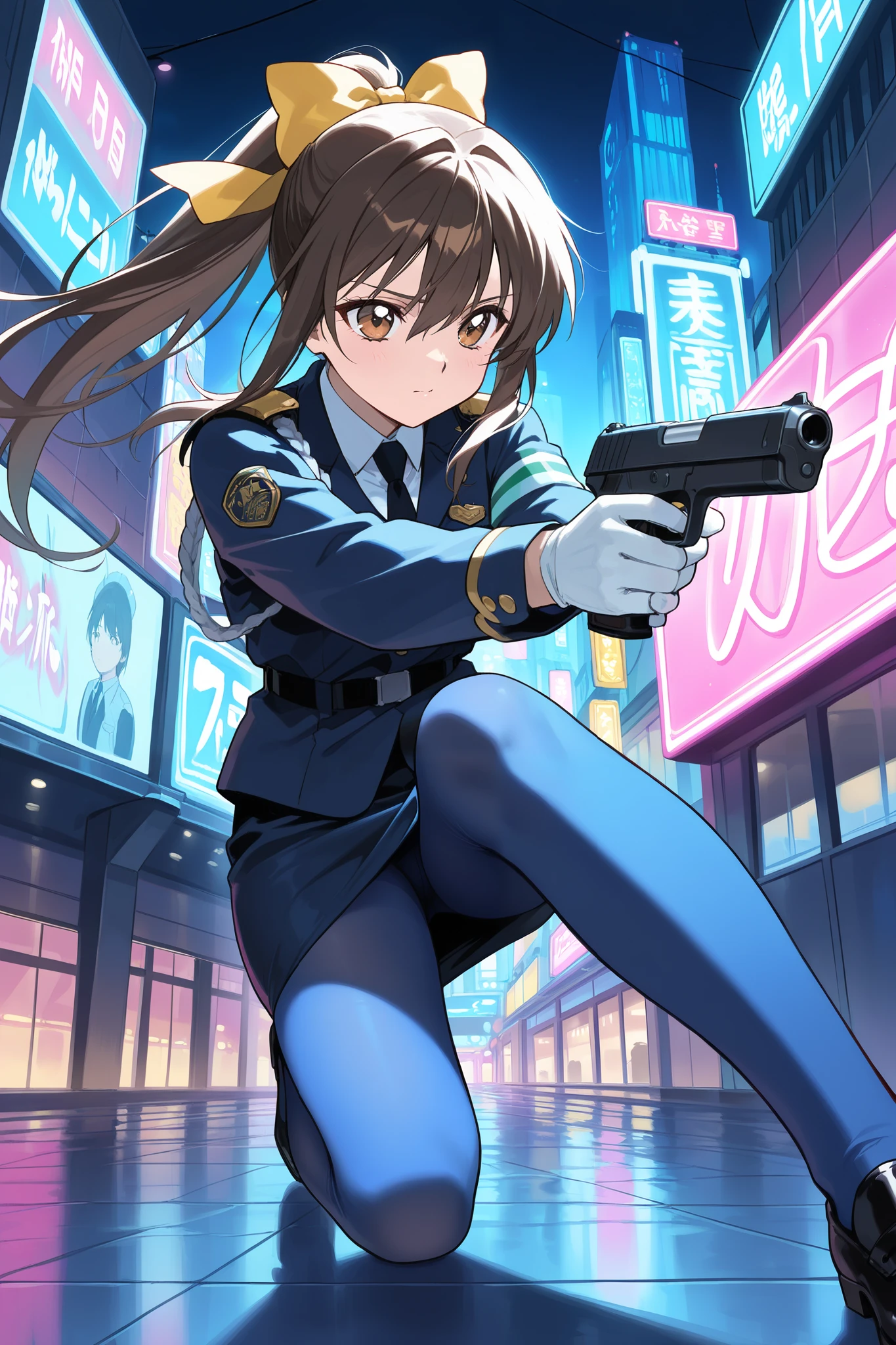 (score_9, score_8_up, score_7_up), source_anime, absurd_res, white, blue, black, 1girl, solo, super fine illustration, an extremely delicate and beautiful, best quality, masterpiece, 8K, Yuki Saiko (Silent Mobius), brown hair, large yellow bow, ponytail, large brown eyes, perfect feminine figure, anatomically perfect, beautiful detailed face, determined expression, AMP uniform, aiming gun, running pose, cyberpunk city, neon demon, neon lights, blade runner aesthetic, night scene, dynamic action, cyber effects, holographic displays, perfect lighting, depth of field, sci-fi theme, official art style, dramatic composition, full body shot, clear detail, energy effects, combat scene, police action,sharp focus, perfect hands, perfect face, perfect eyes, perfect light, dynamic light, natural light,((4k,8k,Ultra HD)),((Masterpiece :1.2)),((Best quality :1.2)),((Detailed :1.5)),((Detailed background :1.5)),sharp lines, vivid colors, high contrast,saiko yuki(Silent Mobius), yuki, hair_ribbon, yellow ribbon, uniform, police uniform, long sleeves, necktie, white gloves, pencil skirt, blue pantyhose, 1990s anime style, anime coloring, (((kawaii)))