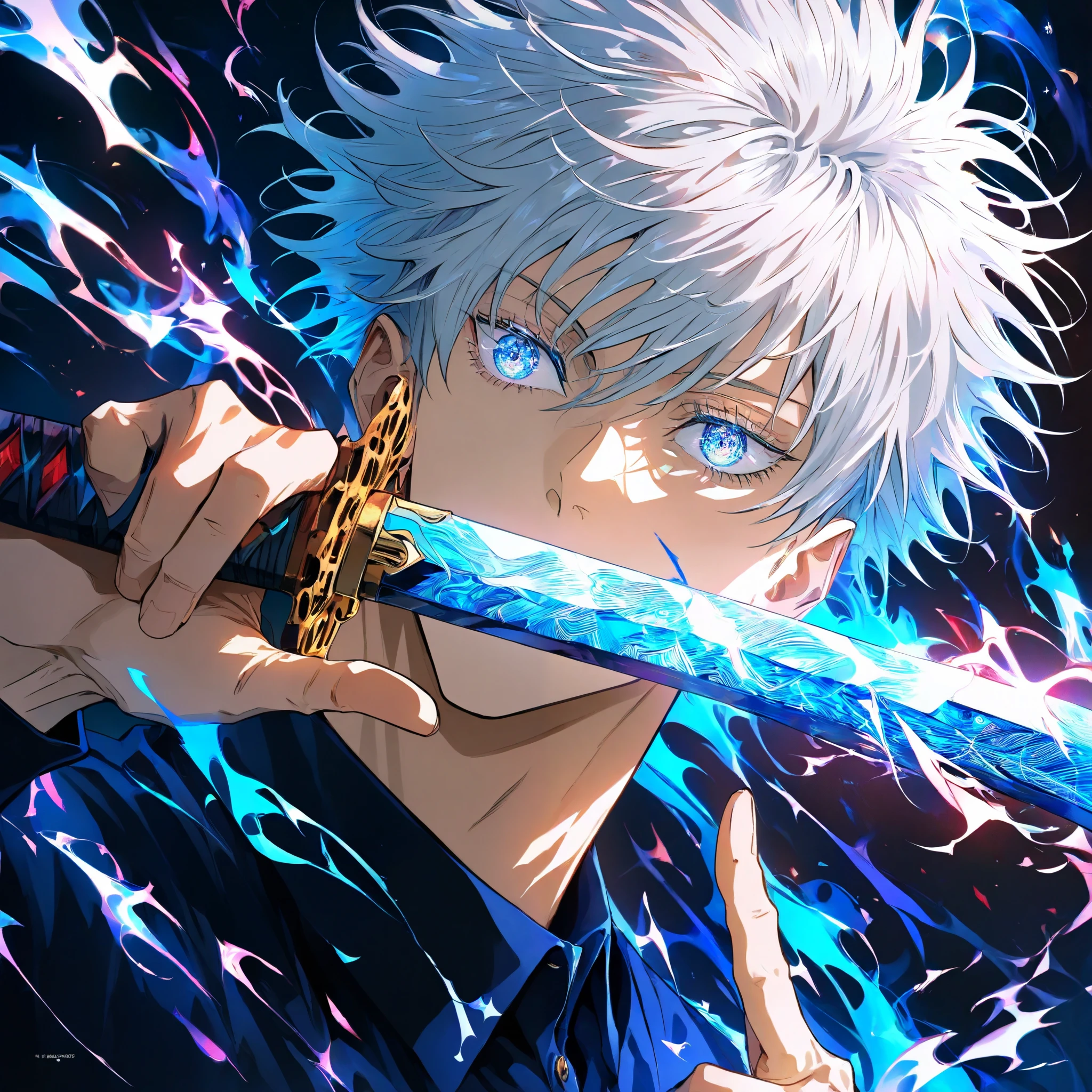 Gojo satoru, jujutsu kaisen,A high-quality anime-style wallpaper in vertical format (1024x1792) featuring a tall, silver-haired warrior with striking blue eyes that glow intensely. He wears a sleek black high-collared outfit, exuding an aura of confidence and power. In his right hand, he holds a beautifully crafted katana with a shimmering blade, while his left hand forms a unique and mysterious hand sign. The background is a mix of dark energy and a mystical blue glow, giving the scene a cinematic and dramatic effect. The art style is highly detailed, with vibrant lighting effects and an intense atmosphere, making it perfect as a phone wallpaper