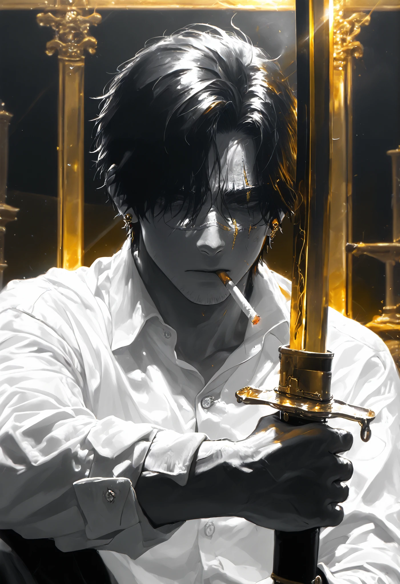 a boy,sword combat, monochrome,grayscale,((gold-colored swords in the background)), white shirt,cigarette ,facial scar,earring,