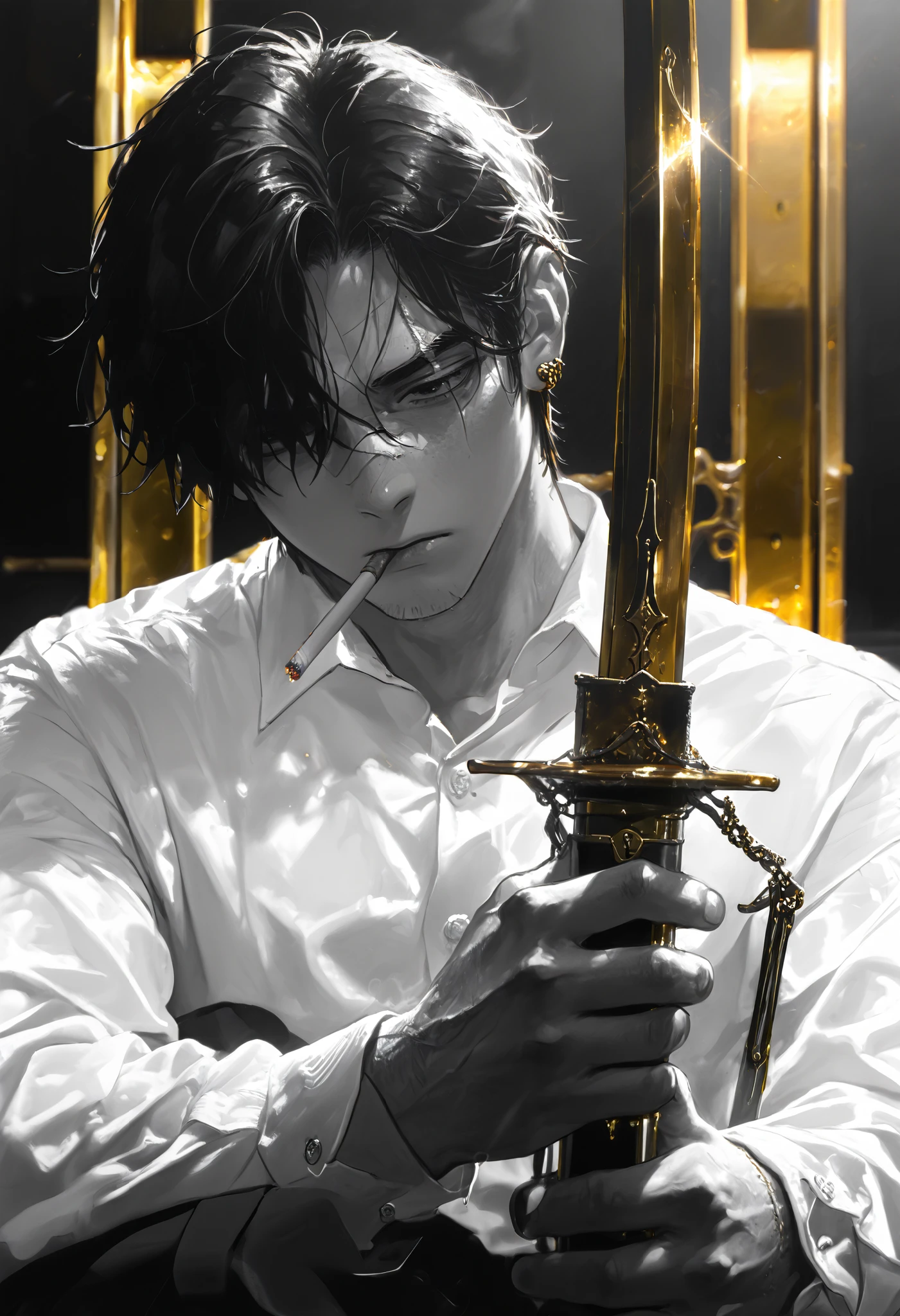 masterpiece,the best quality, newest ,absurdres, highres,Very far, a boy,sword combat, monochrome,grayscale,((gold-colored swords in the background)), white shirt,cigarette ,facial scar,earring,