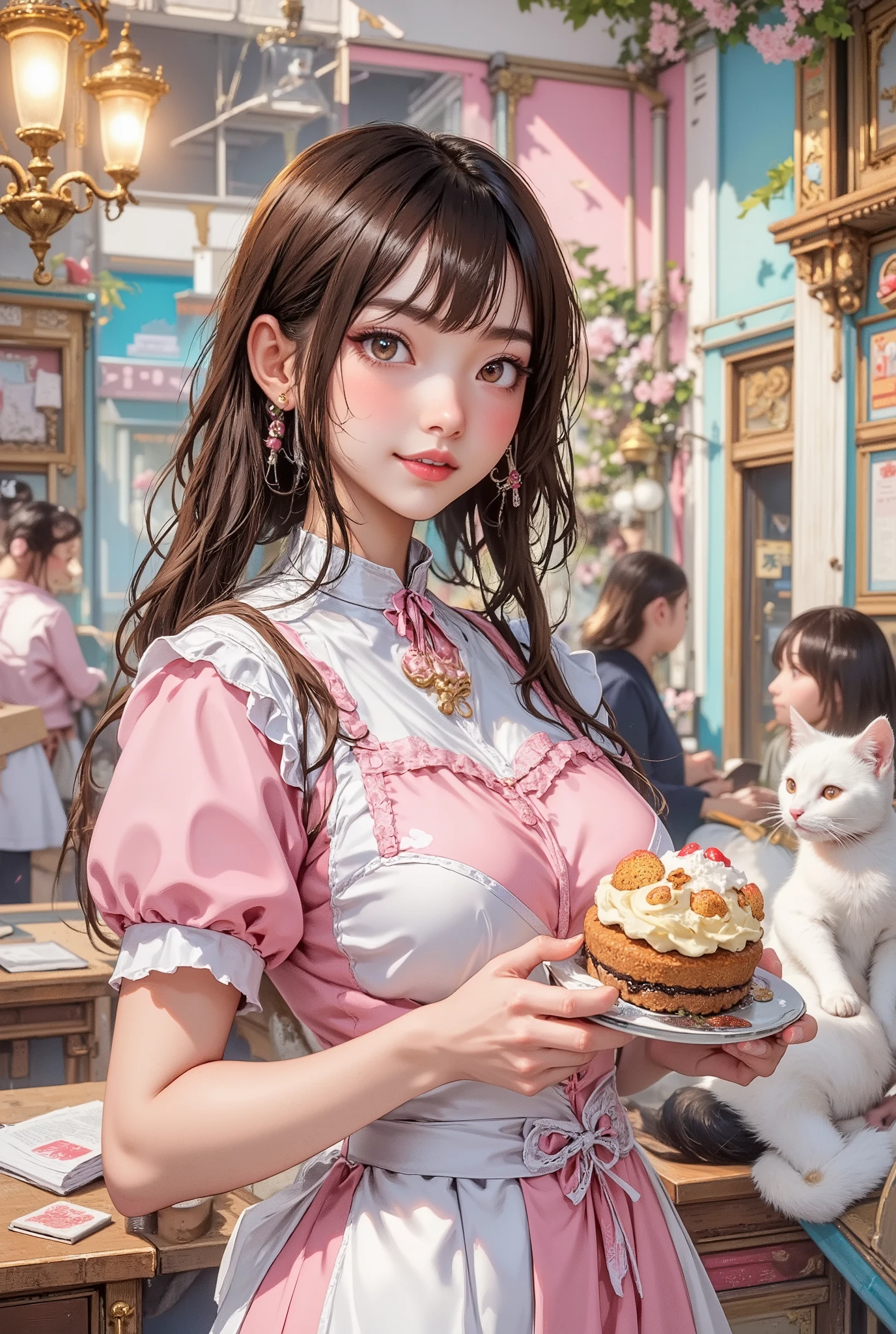 score_9, score_8_up, super realistic depiction, high resolution, masterpiece, highest image quality, high definition, 4K quality, 8K quality, beautiful girl, japanese, twenty years old, sexy maid, (((brown hair))), long hair, white headband, (((smile shyly:1.6))), (((shy look))), stare, long eyelashes, (((big brown eyes))), blush, pink lip, (((tilt one's head:1.4))), (((pink and white french maid costume:1.4))), (((holding cake and coffee cup in hand:1.4))), (((Pastel colored maid cafe:1.4))), (((Inside the store is lively with female customers))), (((A calico cat and a white cat are lying down))), chandelier