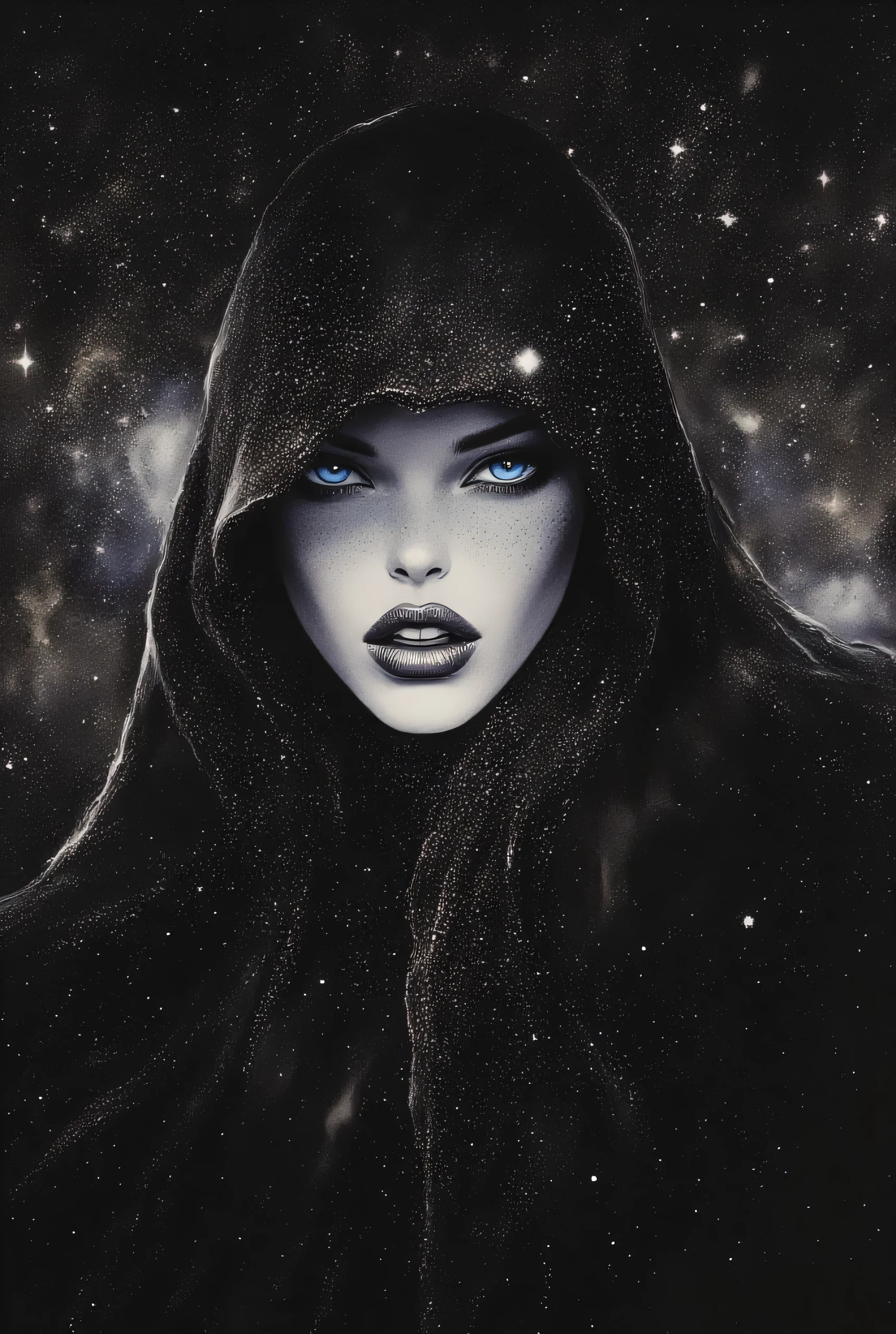 Inspired by Milo Manara, a mesmerizing, minimalist glitter art featuring a stealthy black and white woman who magically sneaks up on the viewer. The woman's bright blue eyes are sharply focused, giving the appearance that she is about to strike. The ethereal glitter surrounds the woman and gives her a touch of unearthly charm. The black canvas background creates a striking contrast, allowing the woman to seamlessly blend into the shadows. The overall atmosphere is magical and enigmatic and stimulates the viewer's imagination.