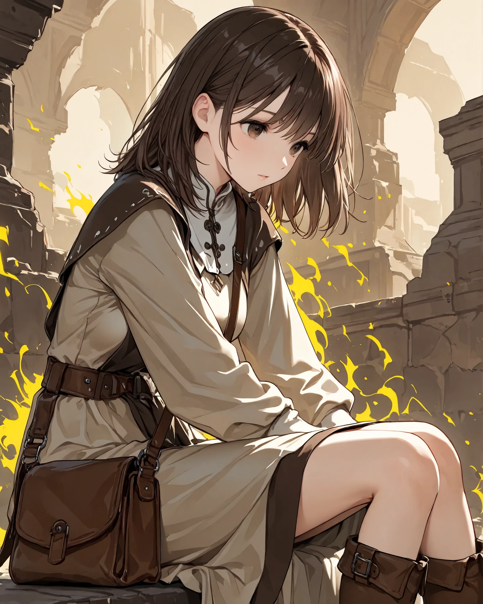 1girl, 28 yo, slender, brown hair, medium hair, wearing practical dress: (color, brown, earthy tone), brown boots, brown sling bag, sitting, portrait, healer, dynamic background, ultradetail, absurdres, yellow aura