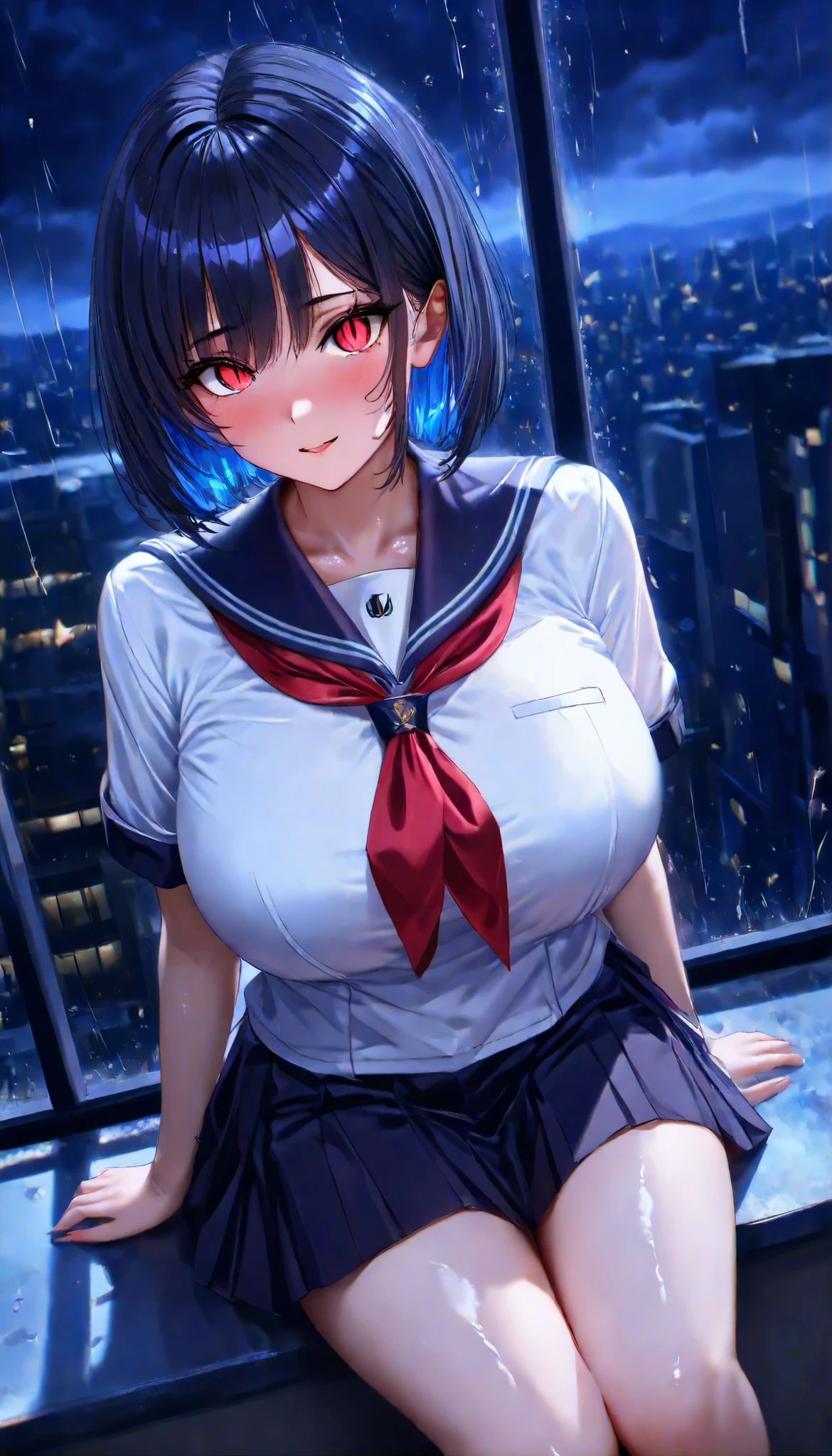 SOLO, A Female ,Perfect body,Oppai, Shiny skin, (colored inner hair, short hair), Pink insect eye,red slit pupils, Sitting on a Lux Sofa Near the window, (Wearing A White Short sleeves JK Uniform), White Stockings, In An Apartment room, Yandere, Midnight, (Outdoor torrential rain), UHD, anatomically correct, masterpiece, textured skin, high details, highres, 1080P, 16k, accurate, textured skin, best quality, Beautiful face, Perfect face, Highly detailed beautiful face and eyes, Attractive face, Detailed face, Delicate facial features, Detailed skin