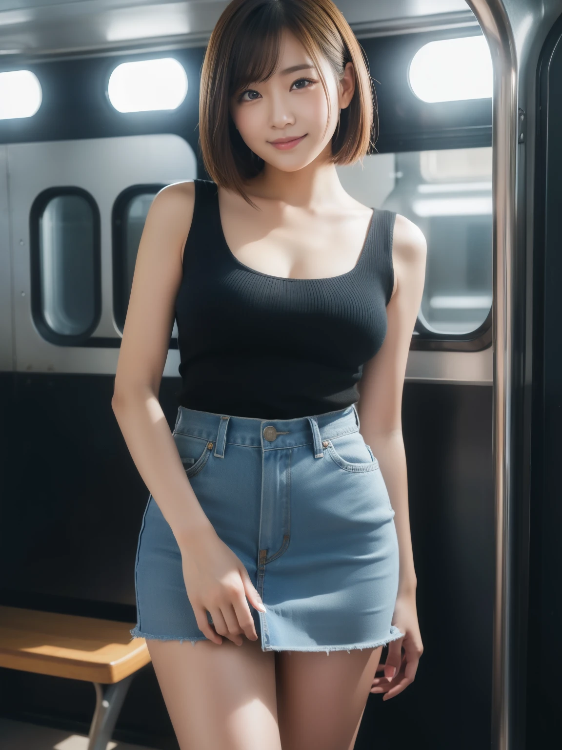 (( masterpiece))、((TOP QUALITY))、 photos 、reality、high resolution、超high resolution、Married women、40s、( train on the platform of a high school girl )、 Delicate Facial Features 、 short hair、realistic background and accessories、 Big Rich Breasts 、 Sexy Smile 、 standing in the corner of the room 、black sleeveless knit 、miniskirt、((Indirect lighting only))、 Deep Shadow、Zoom Shot、