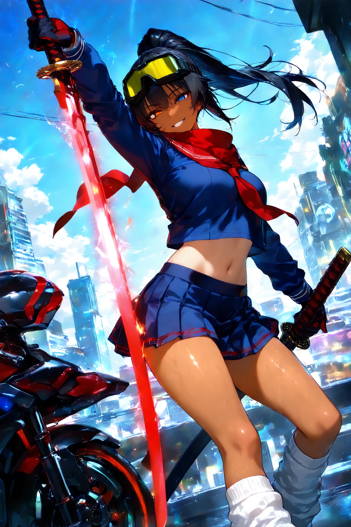 anime girl with sword in city street with buildings in background, badass anime 8 k, female action anime girl, holding a sword on her shoulder, anime style 4 k, she is holding a sword, anime moe artstyle, female protagonist 👀 :8, anime style like fate/stay night, dramatic wielding sword pose, 4k anime wallpaper