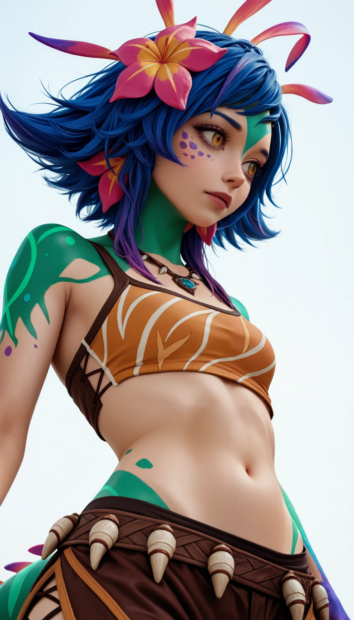(photography, best quality), photorealistic, RAW, best score, best anatomy, ultra deitailed, amazing quality, very aesthetic, realistic:1.4 absurdres, highres, 2024, newest, HDR, 8K, high detail RAW color Photo, high contrast, portrait, (close up), large pupil, eyelashes, microtexture, rich in realistic textures,
neeko, facial marks, hair ornaments, hair flower, necklace, brown shorts, croptop, upper body, ((forced perspective)), low angle, side view, ((minimalist white background))