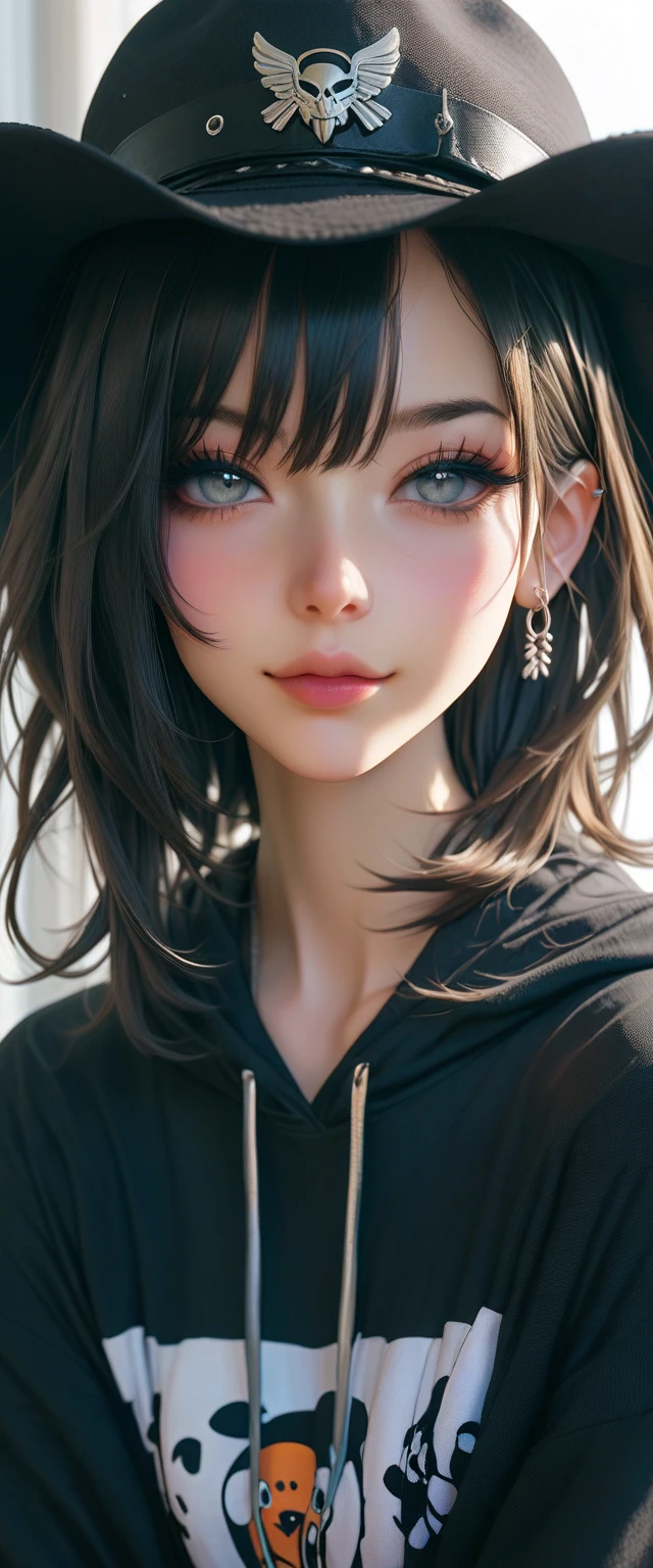 art), (best quality), 1 girl, 18 years old, Cinematic light, 4k resolution, (beautiful brown eyes, bright, realistic), visible features, beautiful face, Anatomically correct, Highly detailed face and skin texture, Thin eyebrows, Bright eyeliner, natural cheek, fair skin, bright lips, red lipstick, pointy teeth, evil smile:0.8, (black hair, bangs, medium hair), (average breasts:1.2), round breasts, t-shirt:1, 4 , micro shorts :1.4, looking at the camera, camera view, from above.