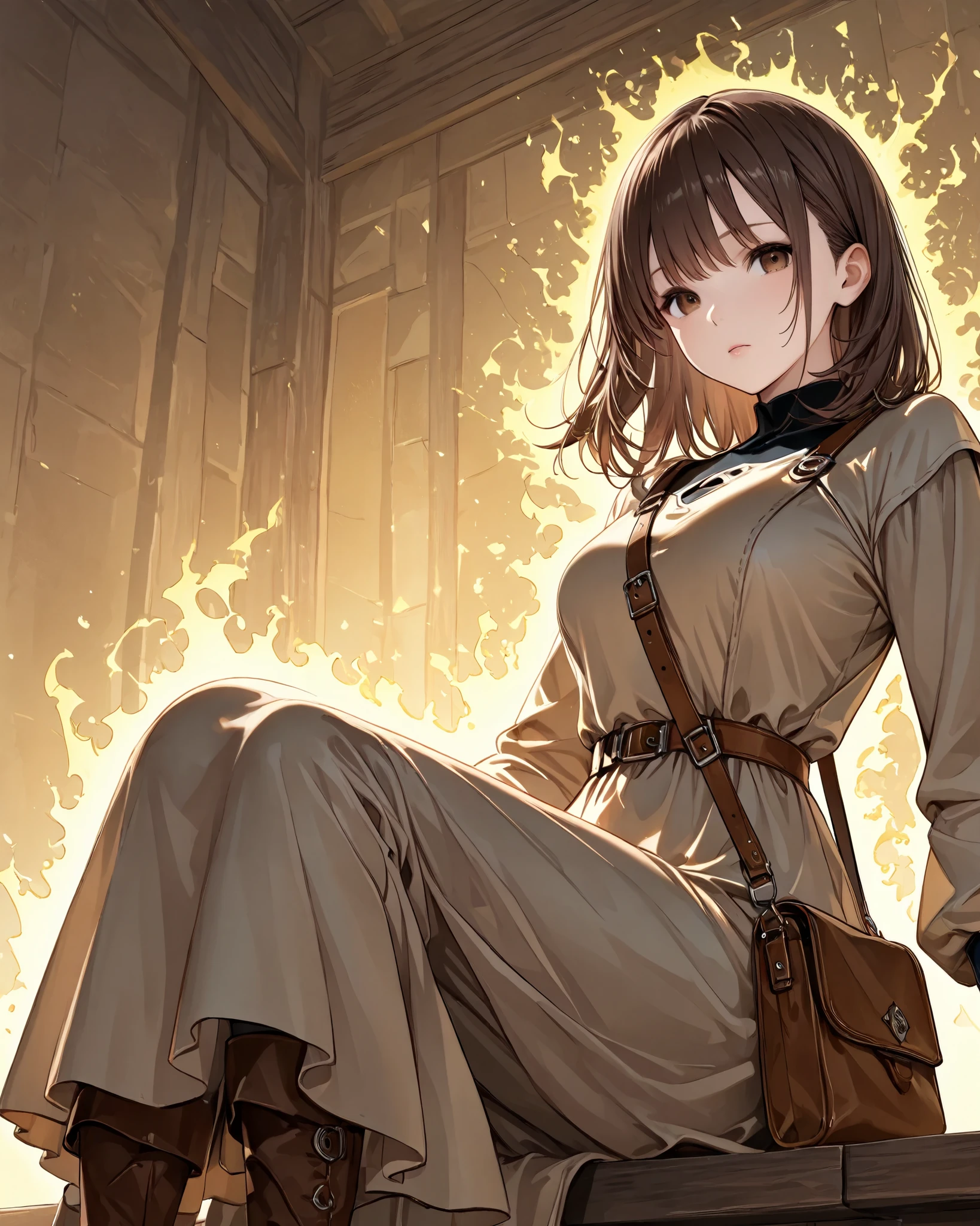 1girl, 28 yo, slender, brown hair, medium hair, wearing practical dress: (color, brown, earthy tone), brown boots, brown sling bag, sitting, looking at viewer, portrait, healer, dynamic background, ultradetail, absurdres, yellow aura