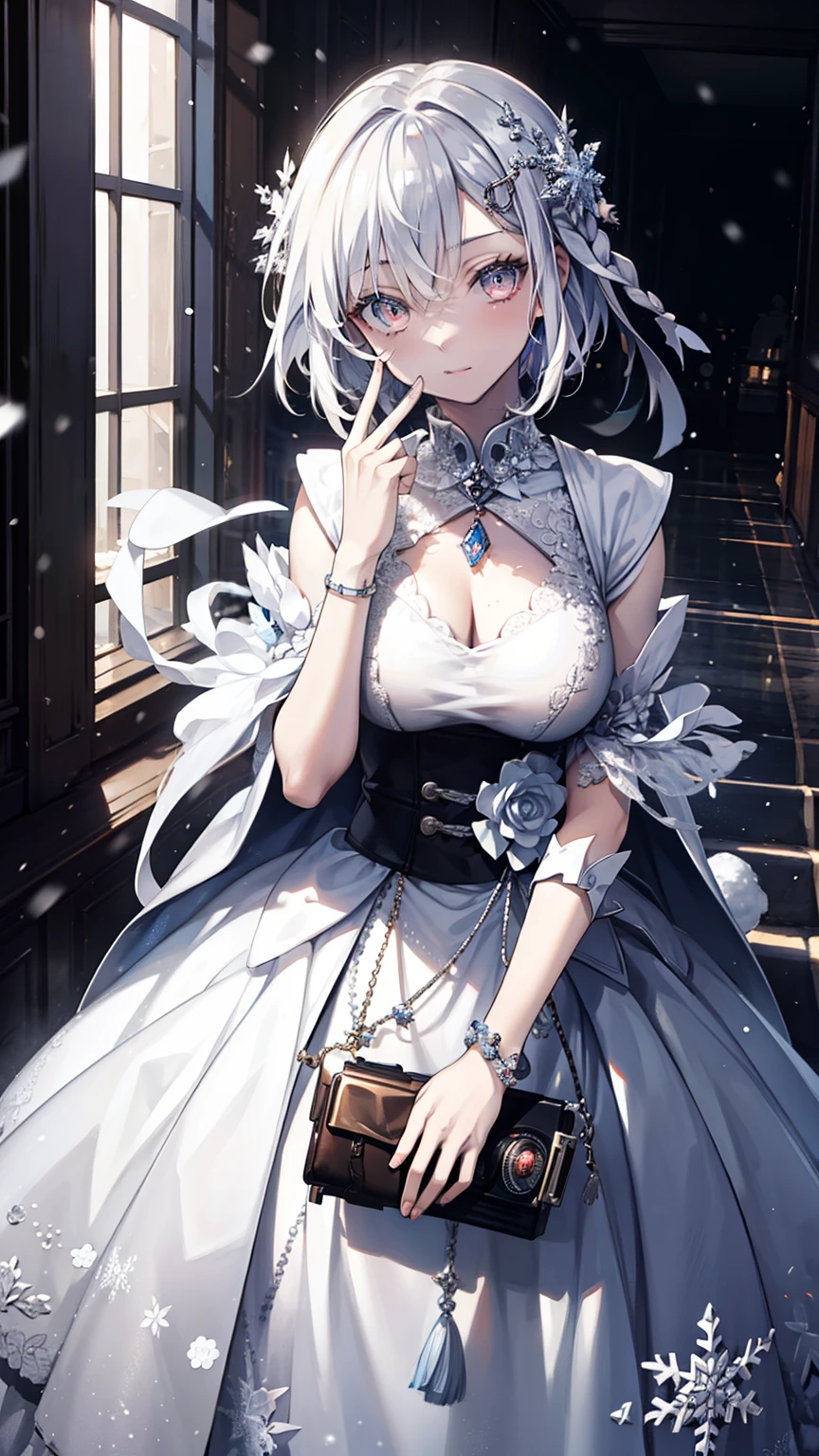  masterpiece，highest image， Ultra HD，  8K resolution on the front， single person perspective， perfect face，Brightening skin ，Detailed Facial Features， One person，Miss， lol， White hair ，pink hair， Side Bangs ，Bob， Bracelet， color，period，snowflake， Winters ,majestic church，new year，opal rendering，Cinematic Lighting，winter snow method, Double Eyes ,  has a different color of white eyes on the left and right, long muscular eyelashes, camera
