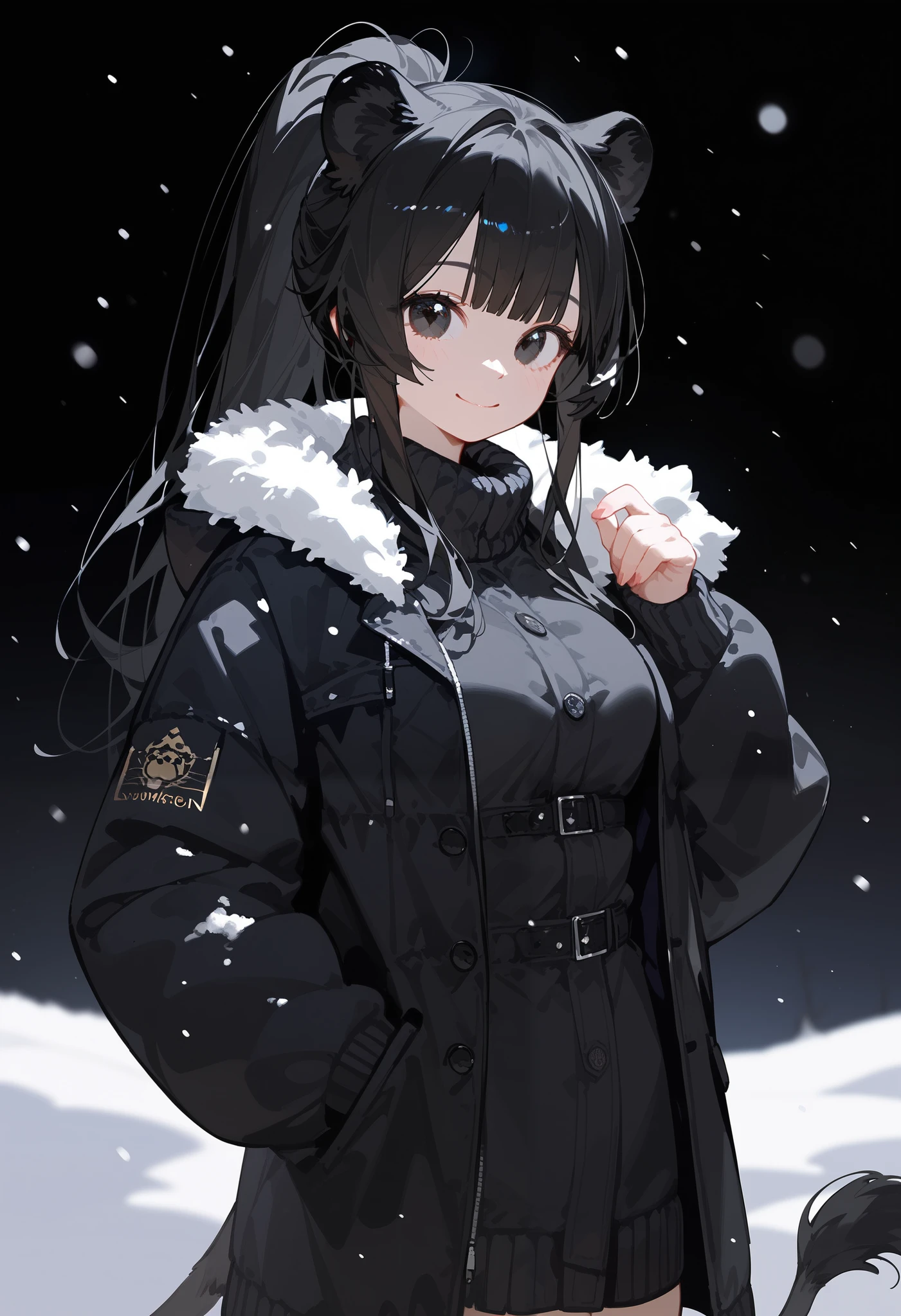 1 person,1 girl, lion ear, black hair, long hair, cute, with lion tail , in black eyes,Black suit,medium breasts, ponytail, cute,winter, standing,smile,black background, color scheme,Black ears,Top image , hands, pockets, ,student
