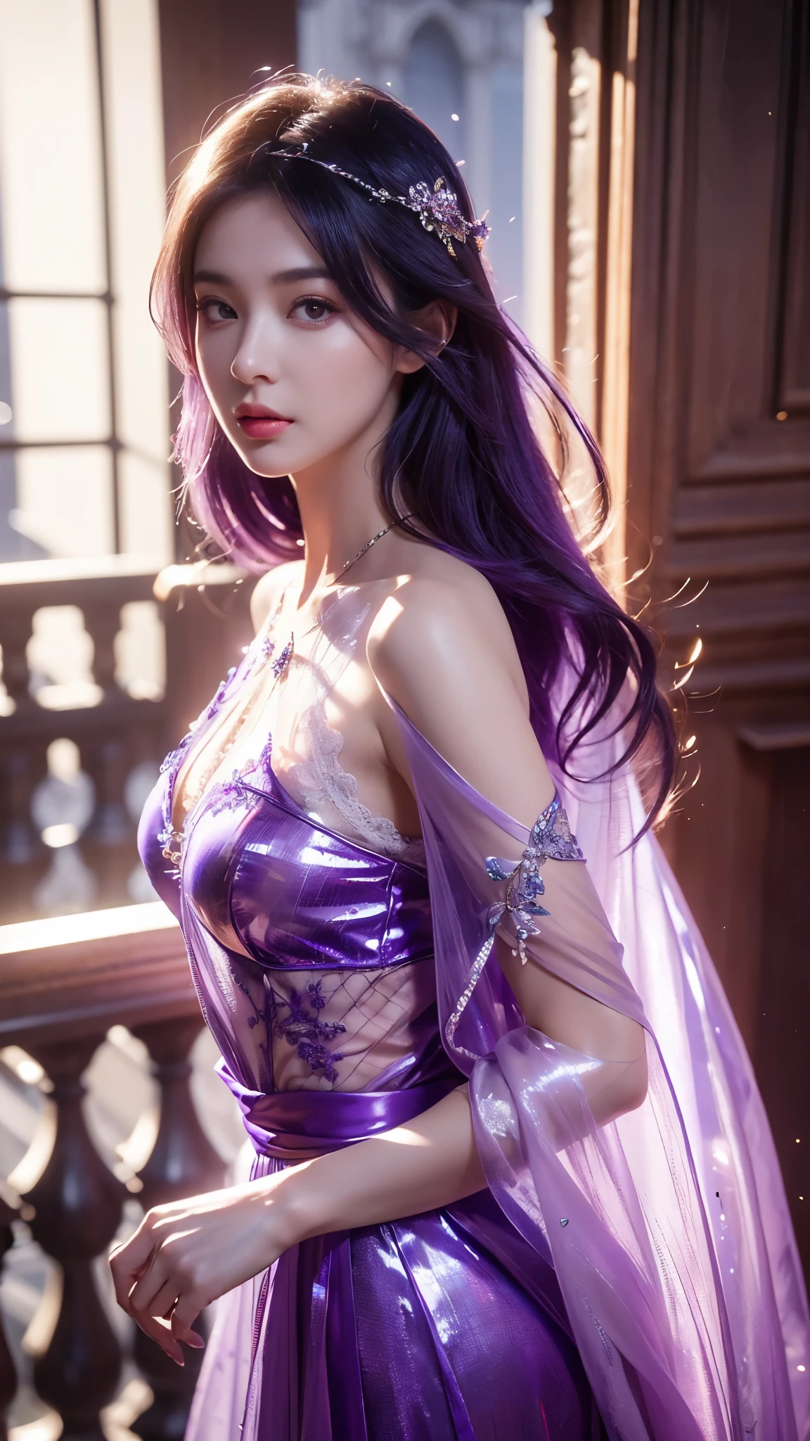 "1 beautiful girl in traditional dress, ((wearing a sexy, ultra-transparent purple nightgown:2)), ((see-through nightgown:2)), black on the chest and yellow border, long black hair with a light purple, ((most beautiful and detailed hair jewelry:1.8)), Super cute little face Extremely beautiful face, thin eyebrows, the most beautiful and flawless face, ((black eye pupil:0.8)), very beautiful eyes, ((black and light purple eyes:0.5)), hairy beautiful and detailed makeup eyelashes, high nose, earrings, thin lips, ((light pink lips:-1)), ban on laughing, beautiful lips, slender arms, The most beautiful thighs, healthy limbs, rosy face, clean face, beautiful face without blemishes, smooth white skin, ((super tight and round breasts: 1.8)) cleavage, beautiful breasts, ((put the girl's arms behind her back:1.8)), (((portrait body of a beautiful girl:0.8))), ((looking straight at the girl's body:1.8)), 8k photo, super high quality, super realistic, 10x super pixels, actual photo, dark studio, border light, two-tone lighting color, (high detail skin: 1.2), 8k ultra, soft light, high quality, volumetric light, candid, Photo, high resolution, light, best photo, 4k quality, 8k, bokeh, Smooth and sharp, 10x pixelated, ((royal bedroom:1.8)), aurora, lightning, super graphics, most realistic graphics, alone, solo, Extremely sharp, surreal image, (((frontal portrait:1.6)))