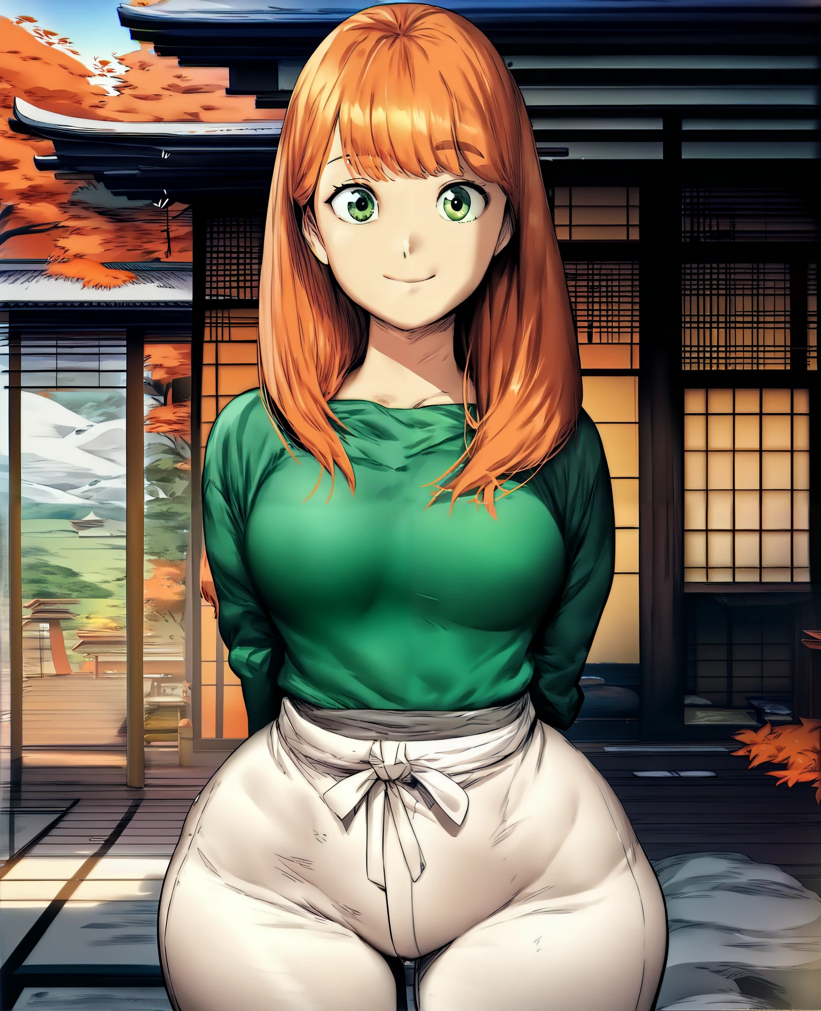 ((Cute short girl,ginger long hair,orange long ginger hair,green eyes,full bangs,long hair,wearing dark-green top,white pants,wide hips,little breasts)),(((Background of japanese house,stand,normal mood,front view)))
