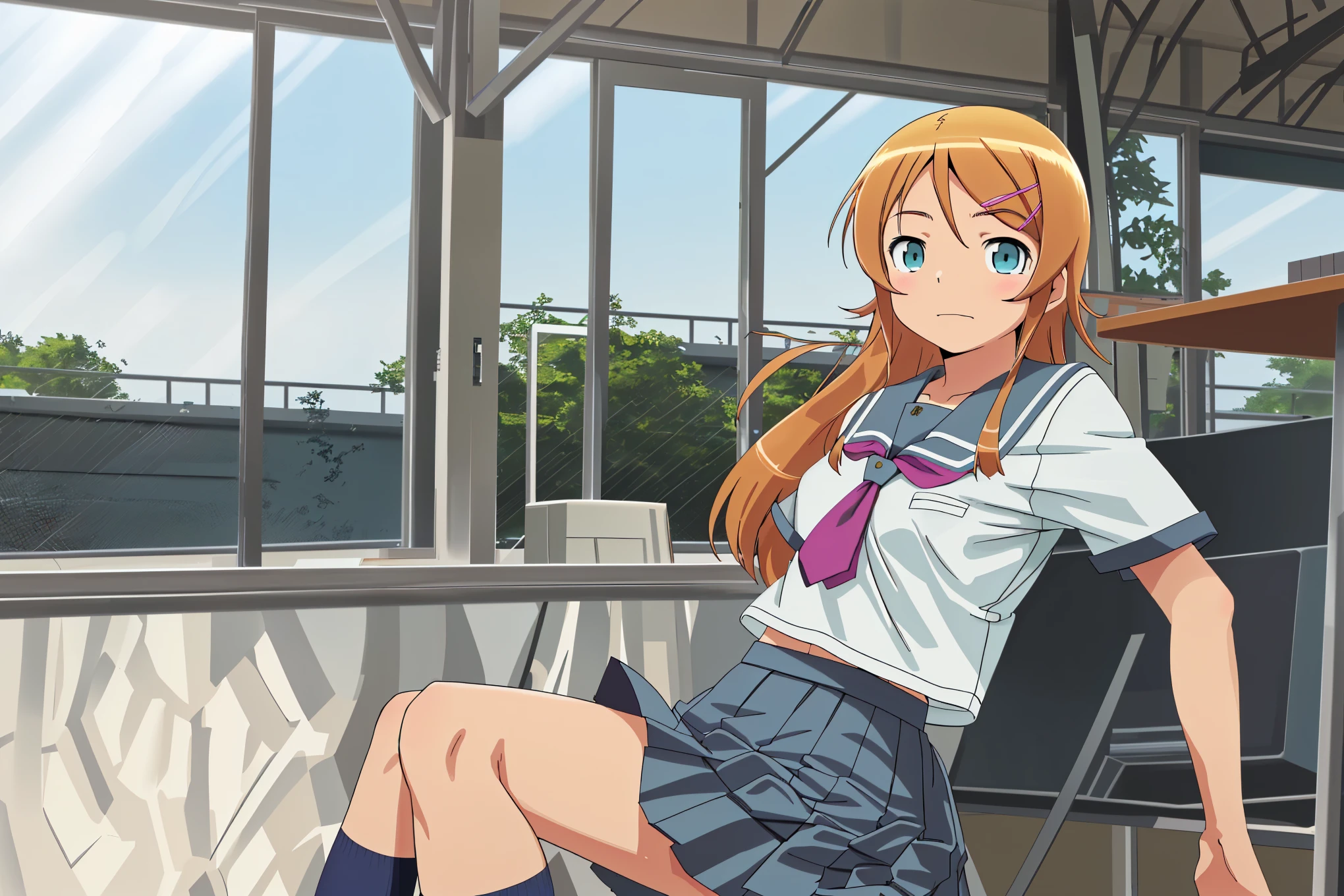 aakirino, long hair, hairclip, school uniform, grey sailor collar, purple neckerchief, white shirt, short sleeves, pleated skirt, grey skirt