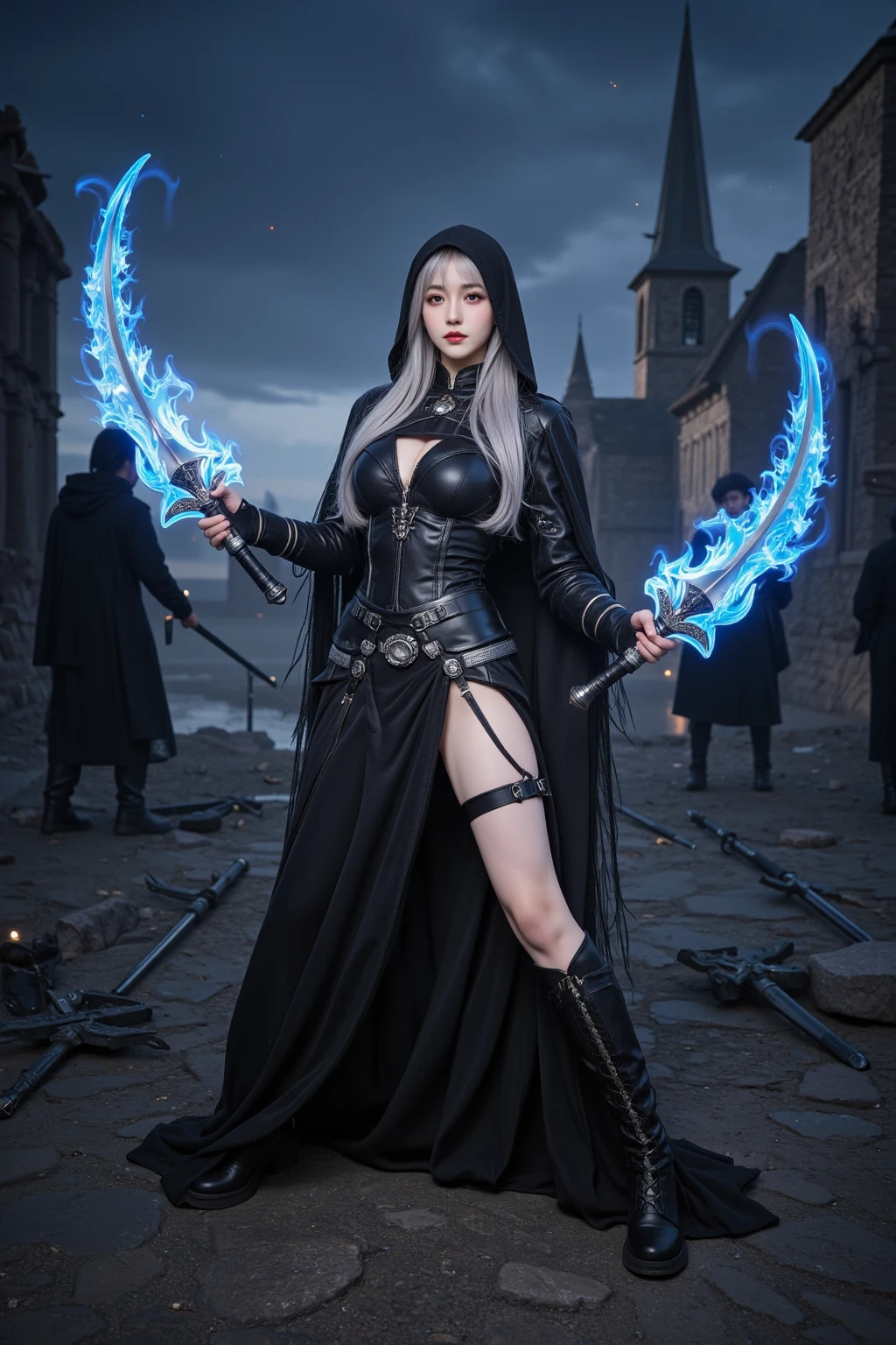 depicts a modern-day witch who has embraced the world of cybernetics to enhance her magical abilities. The artwork should convey the enchanting blend of traditional witchcraft and futuristic technology. Here are some specific elements to include:
The Witch's Lair: The setting should be a cozy yet slightly eerie room, filled with magical books, crystal balls, potion ingredients, and antique furnishings. The room should be dimly lit by candles and a soft, mystical glow emanating from her cybernetic enhancements.
The Cyborg Witch: The central focus of the artwork is the witch herself. She's a striking figure with a mix of traditional witch attire and cybernetic enhancements. Her clothing should have a witchy, occult aesthetic, with flowing robes, a pointed hat, and an intricate pentagram necklace. Her arms, however, have been upgraded with cybernetic components that incorporate magical symbols and glowing runes.
Magical Interface: The witch is in the midst of casting a spell, with a holographic, touch-screen interface floating before her. This interface includes spell incantations, arcane symbols, and digital components, demonstrating her fusion of magic and technology.
Spell Ingredients: On a nearby table, there should be a collection of spell ingredients, like herbs, potions, and magical artifacts. Some of these items may have been modified with cybernetic enhancements, blurring the line between the natural and the technological.
Familiar: The witch's familiar, perhaps a cat or raven, should be present in the scene, serving as her magical companion. The familiar could also have subtle cybernetic enhancements or glowing eyes.
Glowing Runes: The room should be adorned with ancient symbols and glowing runes on the walls and floor, contributing to the magical atmosphere.
Aetherial Lighting: Use a combination of mystical, ethereal lighting and cybernetic glows to create a captivating interplay of light and shadow. The contrast between the tradit
