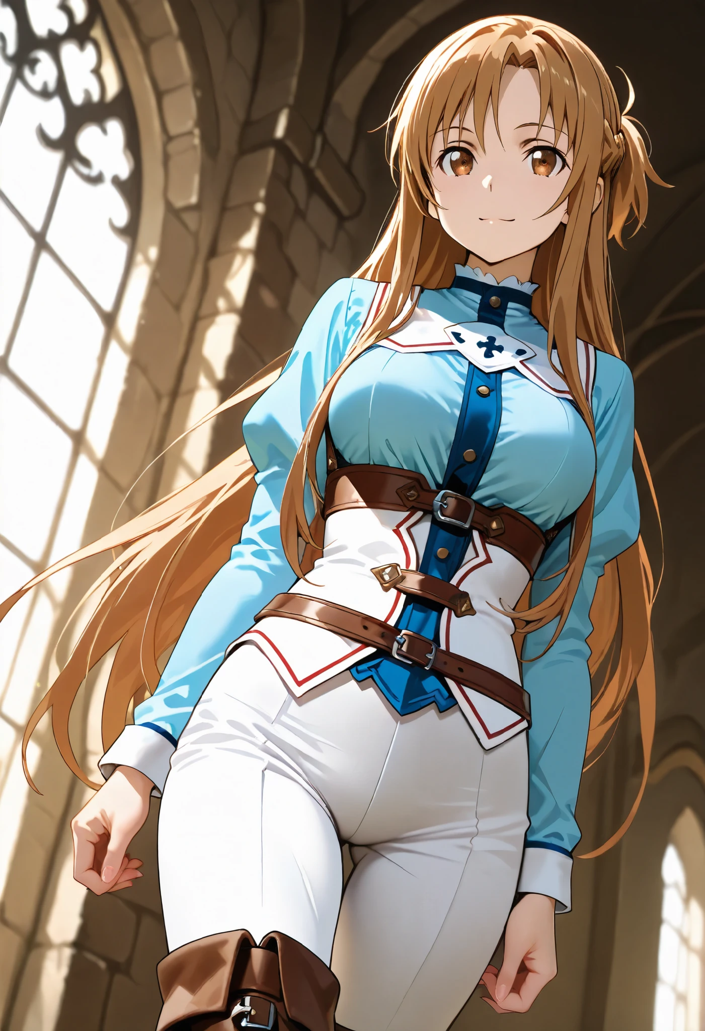 aaasuna, long hair, brown hair, braid, brown eyes, in a castle, medieval noble, medieval advanturer, blue shirt, white pants, white thigh pants, blue and white outfit, boots, thigh boots, fantasy advanturer outfit, dominant, confident, underbust with a humiliating face, expressionless ,smile, dutch angle, cowboy shot, perfect eyes, perfect body
