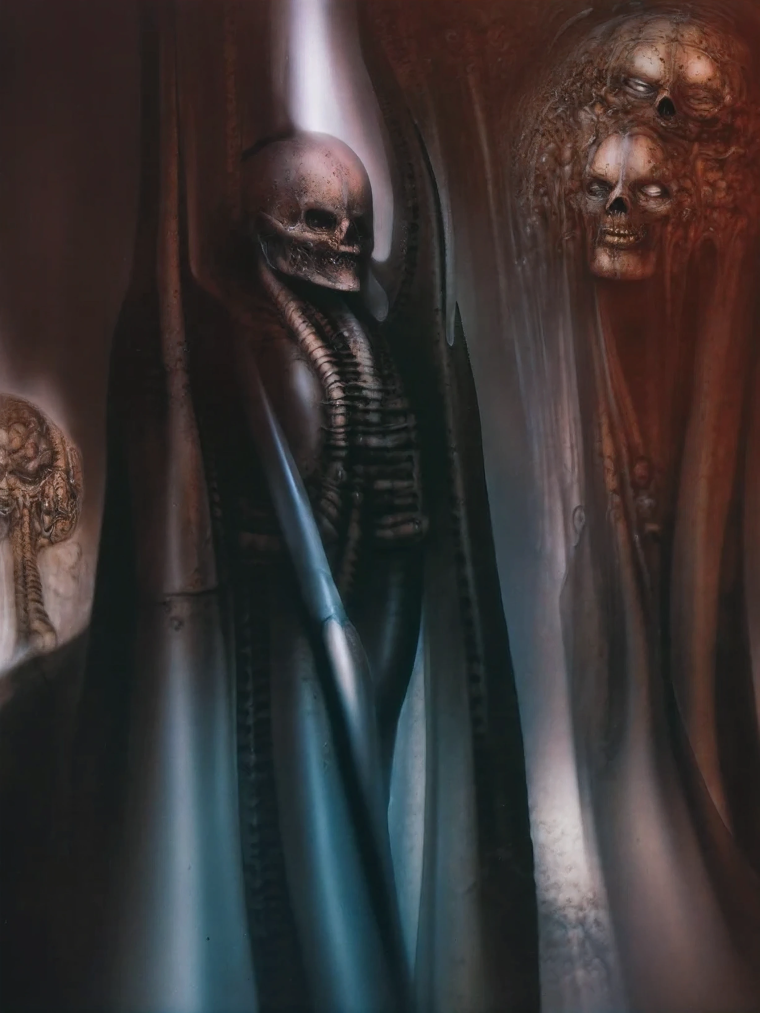 DARK BLACK COLORS, Giger_style, H. R. Giger's g1g3r, , Giger_style, The image is a detailed view of H.R. Giger's \" HRG Aleph \" plate, featuring ( image is a surreal and complex artwork featuring various human-like figures with skeletal features, interconnected in a chaotic and abstract arrangement. The overall tone is dark and eerie, with a gray color palette ), The artwork depicts a humanoid figures of a balds , wearing a headband screwed into it's skull. and various straps that bind its body. It's body melds into the background which is a snake of pipes and cables. The figure is integrated into a mechanical framework with pipes, gauges, and metallic fixtures surrounding it. its skin is covered in boils and its veins are visible in places, its eyes are closed and expression suggests discomfort or weariness. The artwork is noisy and messy with scratches and canvas marks in places and desaturated colours (Proportion:1.4), , (Reflected light:1.2), Parchment, ultra detailed, intricate,, (best quality:1.4), H.R. GIGER, BY GIGER