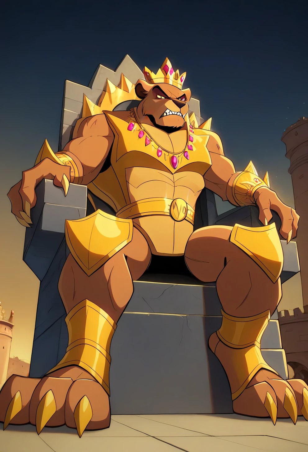 core_9, score_8_up, score_7_up, solo, male focus, male, ฺBulk orc, green skin, tusks, beard, palace , night, king crown , micro armor , shoulder armor , (( black micro tight shorts )) , full body , armor boots , laying spread legs , legs up , massive ass , Throne , ashamed face