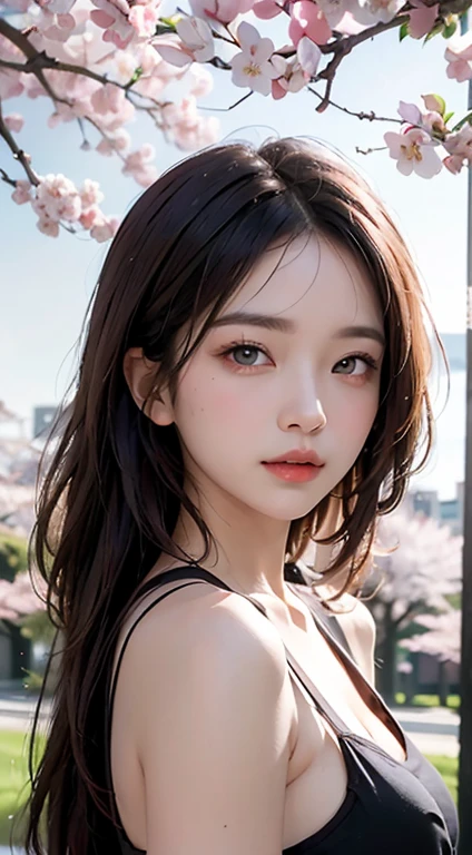 Mustepiece, top quality, illustration, ultra-definition, fine details, high resolution, 8K wallpaper, perfect dynamic composition, beautiful detailed eyes, wearing a dress, natural colored lips, random cute pose, perfect and beautiful face, cute, sexy face, sunset, ecstasy face, feminine face, (cherry blossoms, cherry blossoms, falling cherry blossom petals, cherry blossom blizzard, falling petals), waving in the wind Hair, hair fluttering, pink cherry blossoms, petals dancing, cherry blossom snowstorm, wonderful scenery, sunrise, background sun, wind,