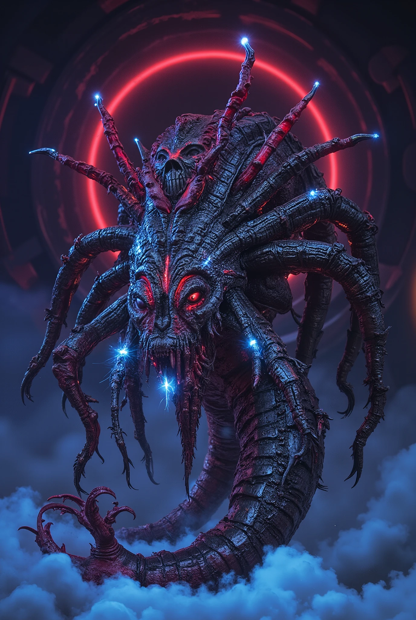 A horrible monster that has appeared from another dimension , A heinous monster that eats people , has a horrible appearance that has never been seen before, huge tail like a scorpion, 4 giant eyes ,8 tentacles, grotesque monster, Nightmare Manifestation, a horrible appearance that is not thought to be from this world, neon color