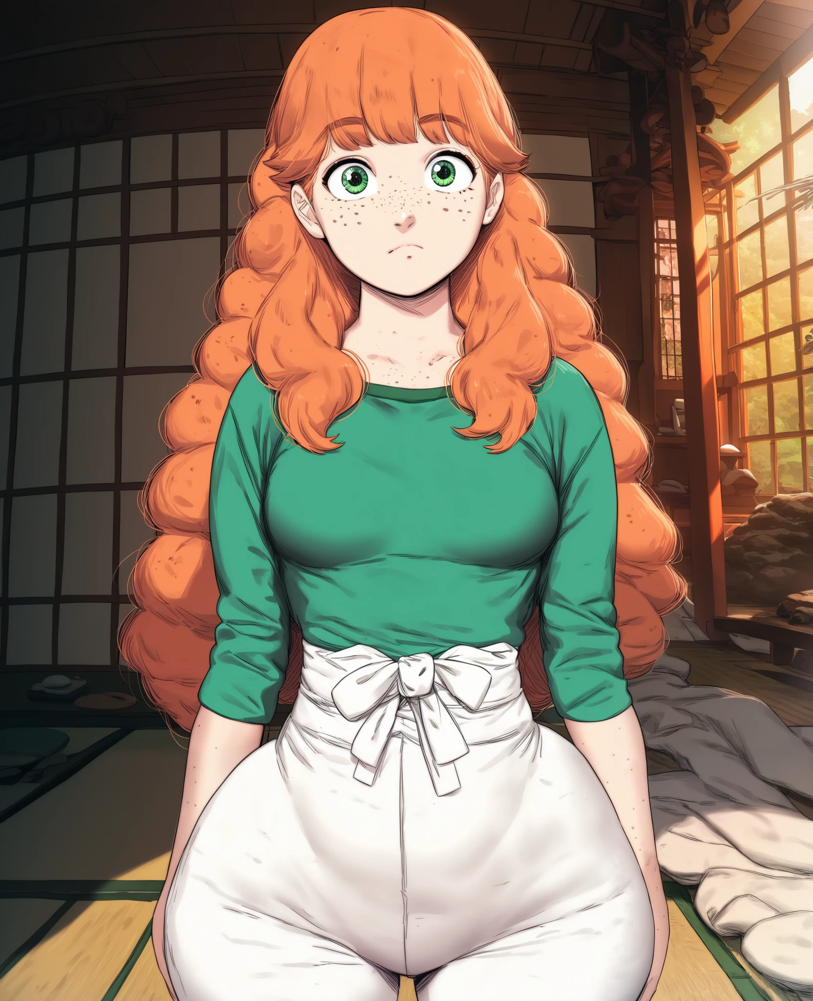 ((Cute short girl,ginger long hair,orange long ginger hair,green eyes,full bangs,long hair,freckles,light-fair skin,wearing dark-green top,white pants,wide hips,little breasts)),(((Background of japanese house,stand,normal mood,front view)))