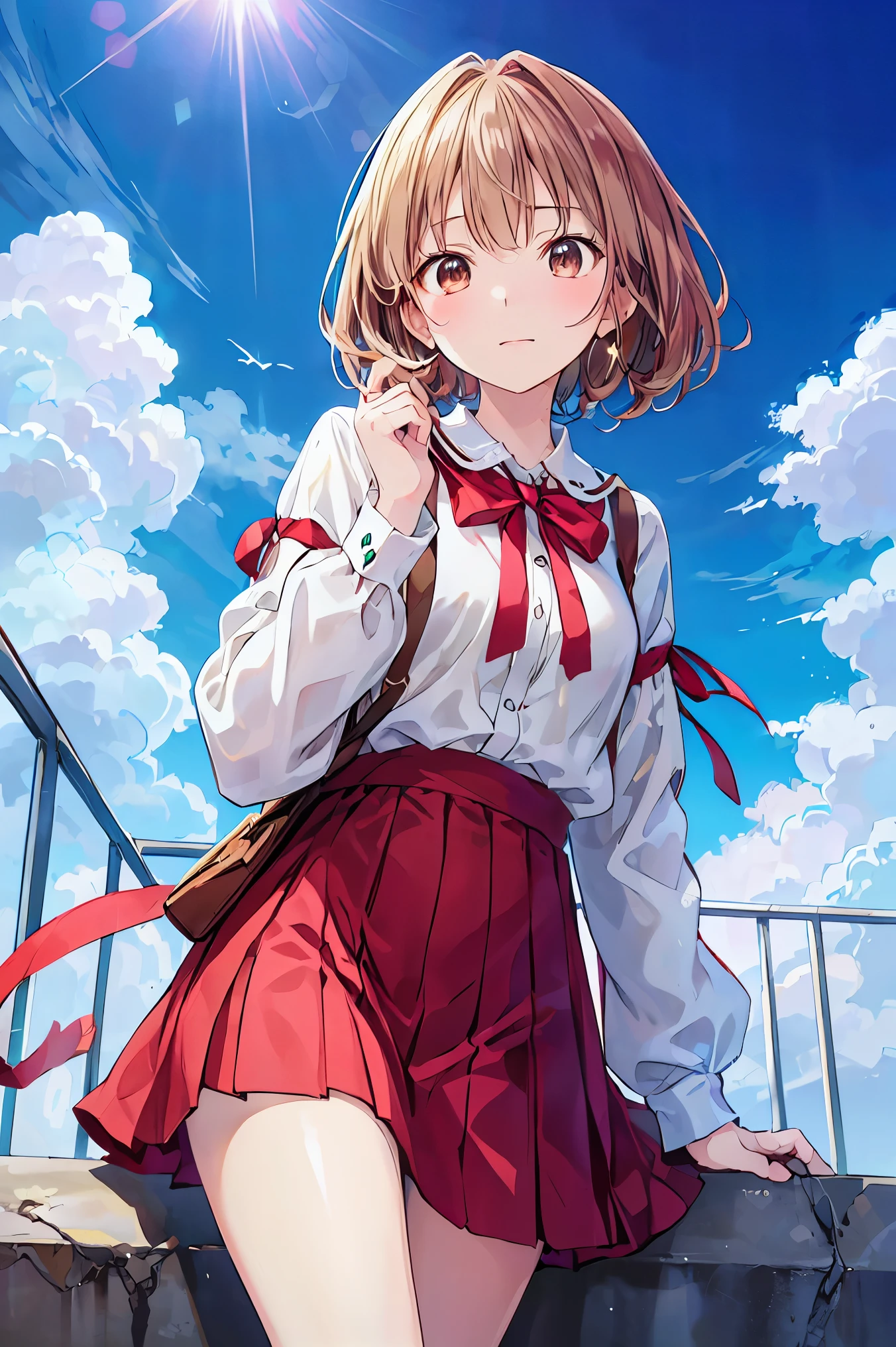 absurd, high resolution, ( anime style:1.1), ((masterpiece)), ((TOP QUALITY)), (超high resolution), ( beautiful), solo, beautiful face、(Lift Up),A cute 、Overlooking the ground from bad scaffolding above a 2000m tall building,wind, light brown hair, has brown eyes , laughs,watch viewers, lens flare,dramatic, ANCIENT CITY、 windになびくスカート、Clouds looking down 、Highlands、 See Below 、Don't look here