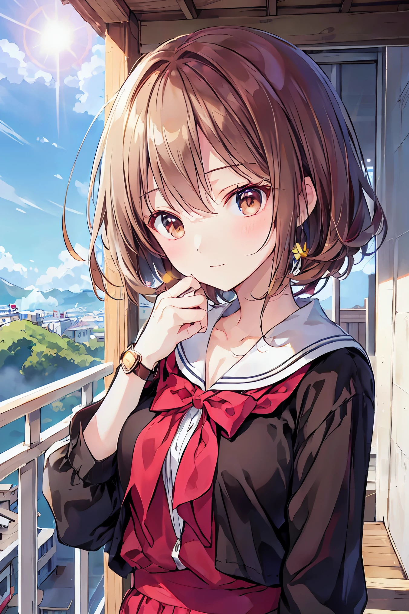  absurd, high resolution, ( anime style:1.1), ((masterpiece)), ((TOP QUALITY)), (超high resolution), ( beautiful), solo,  beautiful face、(Lift Up),A cute 、Overlooking the ground from bad scaffolding above a 2000m tall building,wind, light brown hair,  has brown eyes , laughs,watch viewers, lens flare,dramatic, ANCIENT CITY、 windになびくスカート、Clouds looking down 、Highlands、 See Below 、Don&#39;t look here