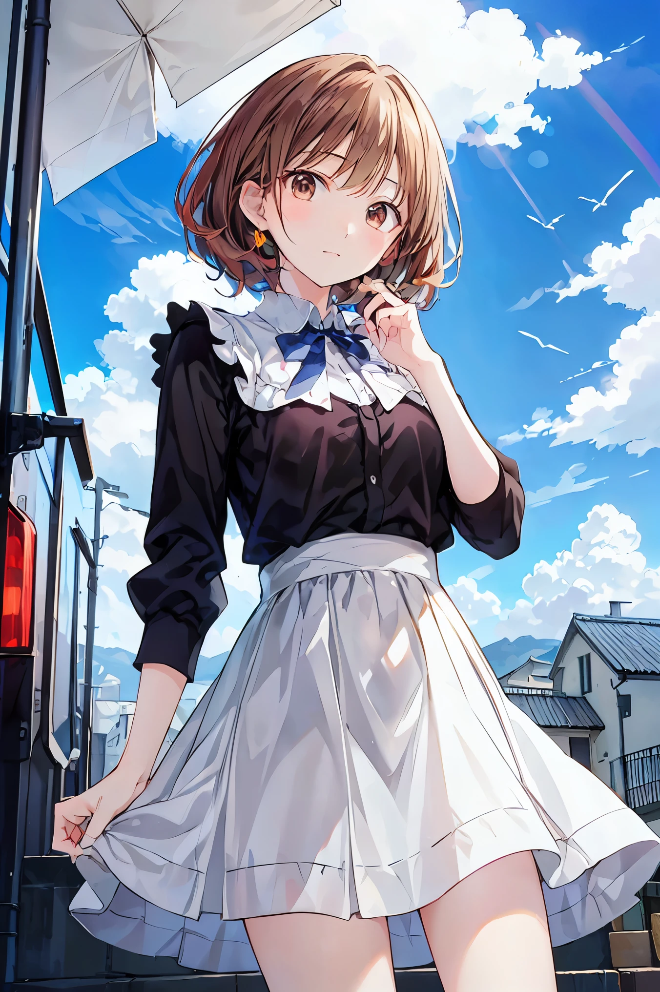  absurd, high resolution, ( anime style:1.1), ((masterpiece)), ((TOP QUALITY)), (超high resolution), ( beautiful), solo,  beautiful face、(Lift Up),A cute 、Overlooking the ground from bad scaffolding above a 2000m tall building,wind, light brown hair,  has brown eyes , laughs,watch viewers, lens flare,dramatic, ANCIENT CITY、 windになびくスカート、Clouds looking down 、Highlands、 See Below 、Don&#39;t look here